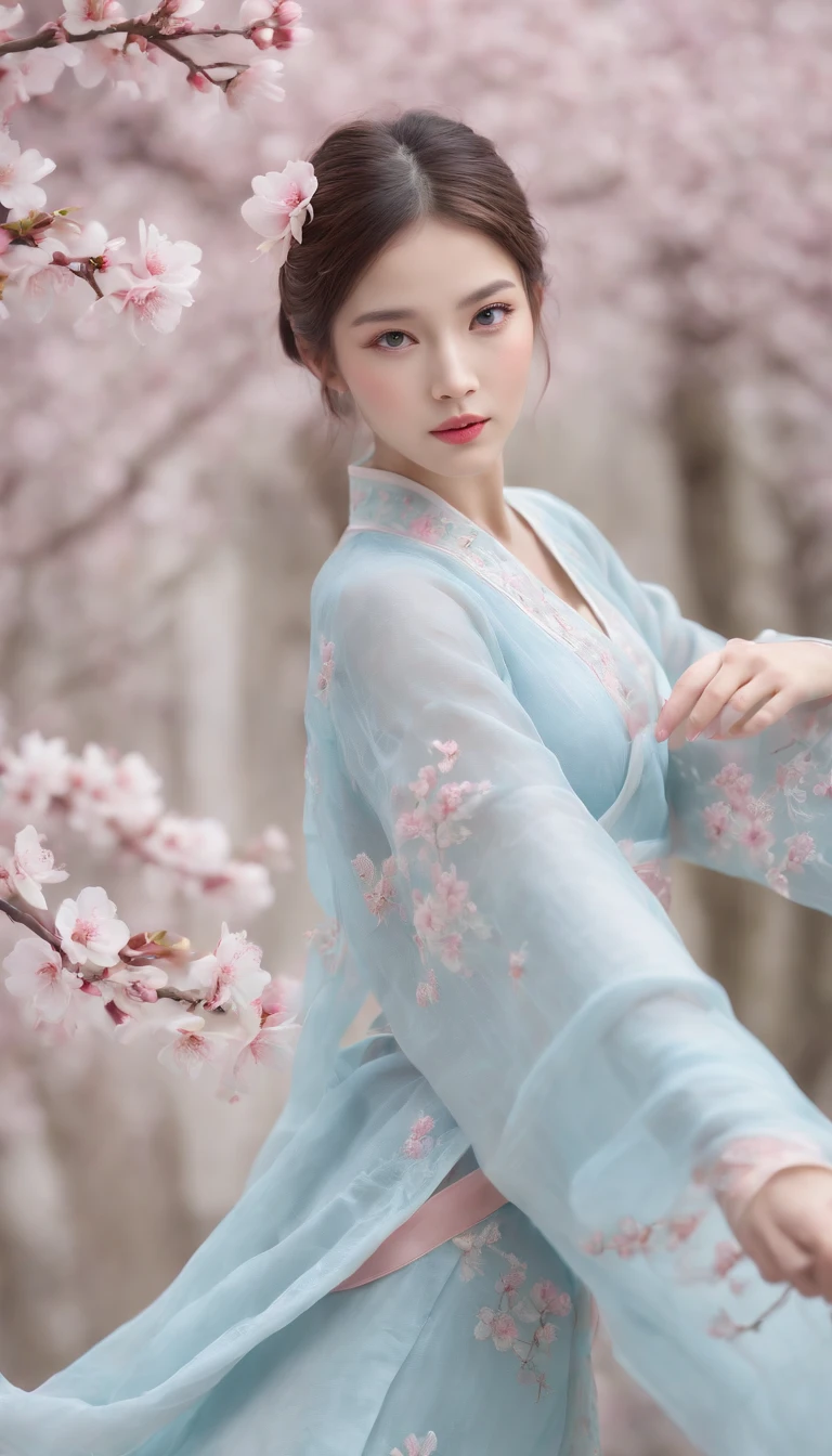 (Best quality,4K,8K,A high resolution,Masterpiece:1.2),Ultra-detailed,(Realistic,Photorealistic,photo-realistic:1.37),Delicate depiction of cherry blossom motif on traditional Chinese gauze dress, Dynamically capture Tai Chi elements, Flowing fabric, vivid vivid colors, Pastel tones, Soft and dreamy lighting, Focus on exquisite craftsmanship, Dynamic movements, Detailed rendering of intricate floral embroidery, Elegant and elegant gesture, Porcelain-like skin, long pink twintails, soft blue eyes, Subtle and flawless makeup, Surreal wallpapers