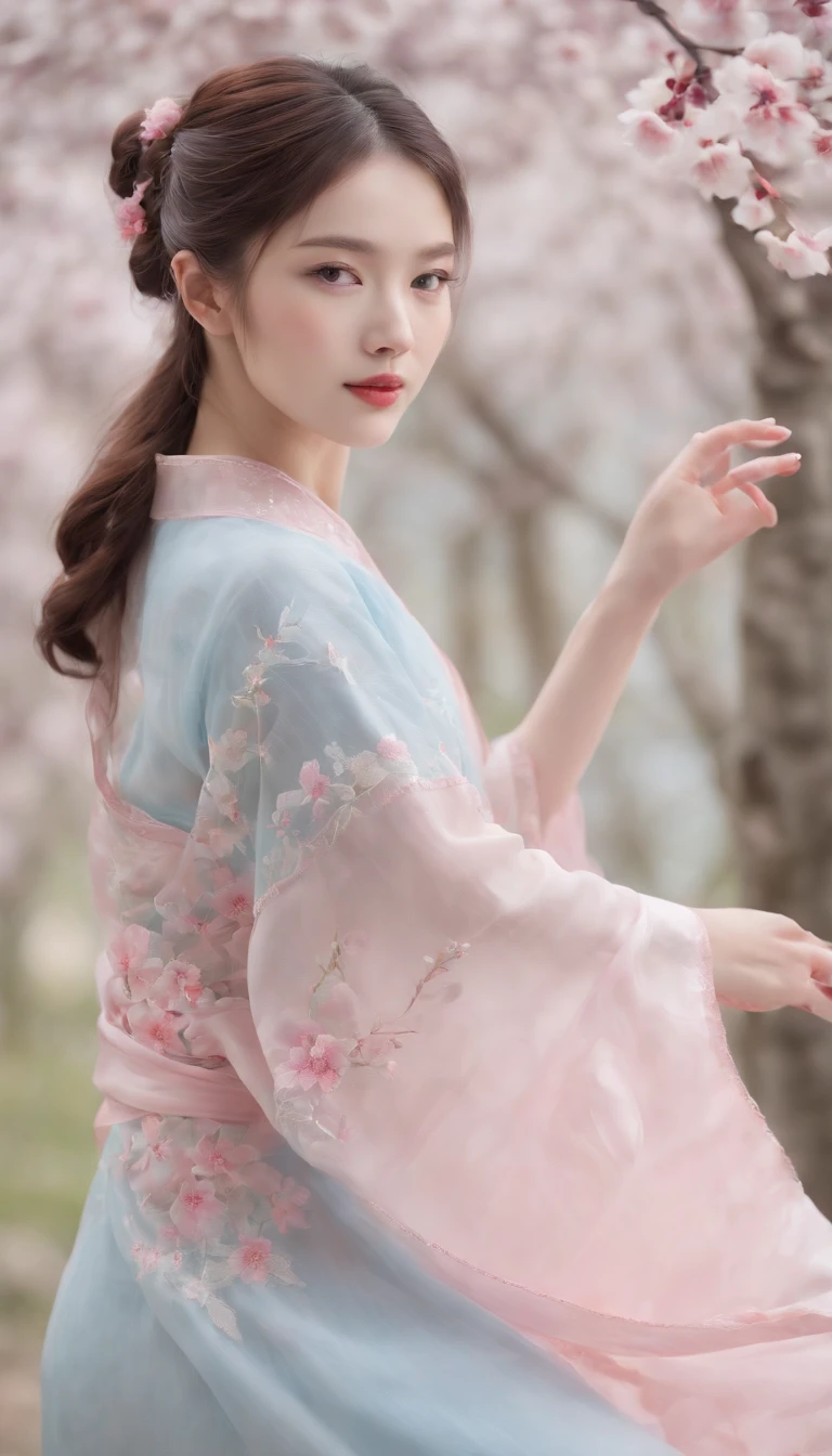 (Best quality,4K,8K,A high resolution,Masterpiece:1.2),Ultra-detailed,(Realistic,Photorealistic,photo-realistic:1.37),Delicate depiction of cherry blossom motif on traditional Chinese gauze dress, Dynamically capture Tai Chi elements, Flowing fabric, vivid vivid colors, Pastel tones, Soft and dreamy lighting, Focus on exquisite craftsmanship, Dynamic movements, Detailed rendering of intricate floral embroidery, Elegant and elegant gesture, Porcelain-like skin, long pink twintails, soft blue eyes, Subtle and flawless makeup, Surreal wallpapers