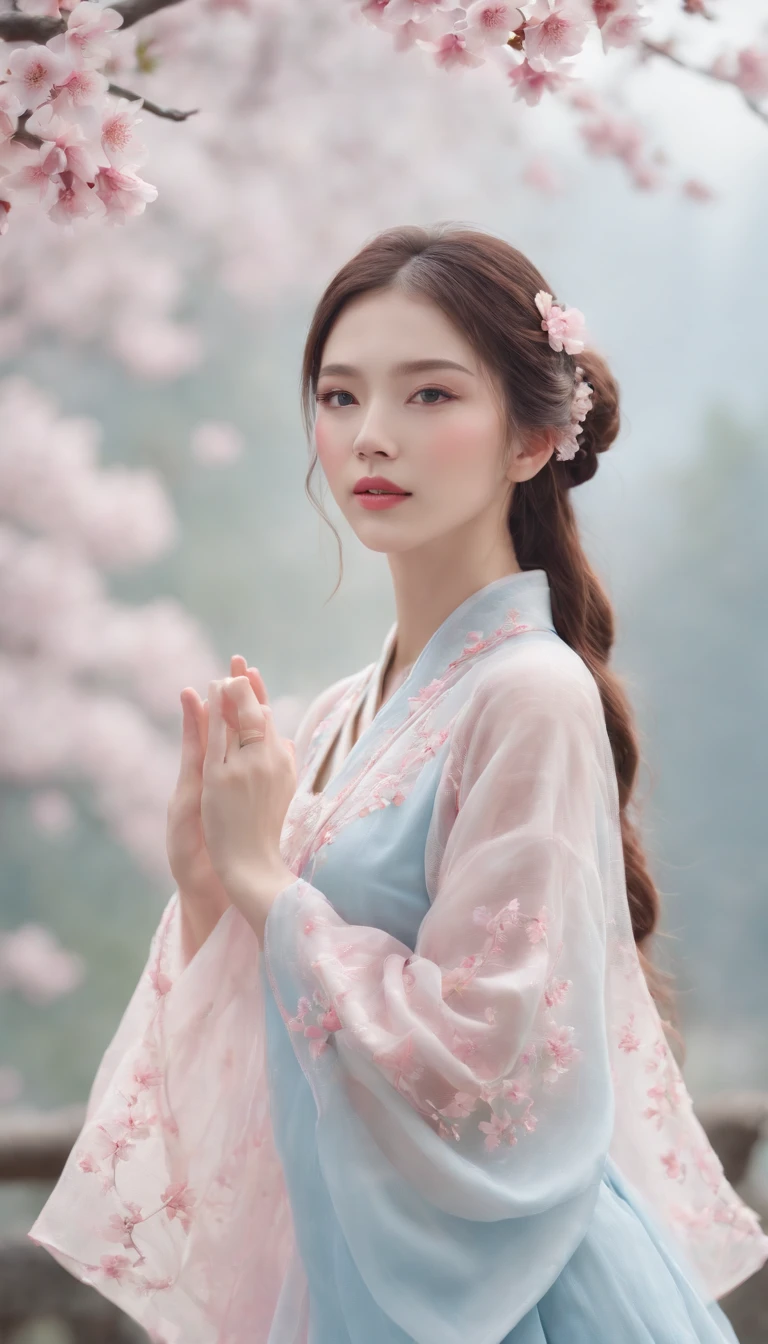 (Best quality,4K,8K,A high resolution,Masterpiece:1.2),Ultra-detailed,(Realistic,Photorealistic,photo-realistic:1.37),Delicate depiction of cherry blossom motif on traditional Chinese gauze dress, Dynamically capture Tai Chi elements, Flowing fabric, vivid vivid colors, Pastel tones, Soft and dreamy lighting, Focus on exquisite craftsmanship, Dynamic movements, Detailed rendering of intricate floral embroidery, Elegant and elegant gesture, Porcelain-like skin, long pink twintails, soft blue eyes, Subtle and flawless makeup, Surreal wallpapers