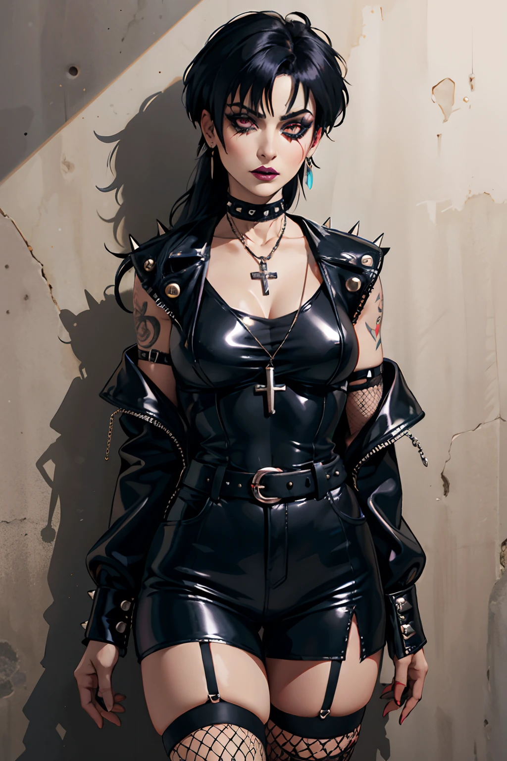 Punk trad goth subculture gothic Woman trad goth makeup punk post punk long hair with bang spikes choker cross cord Rosary cross pendants fishnet stockings punk trad goth gothic subculture post-punk goth long black hair with bang Siouxsie Sioux