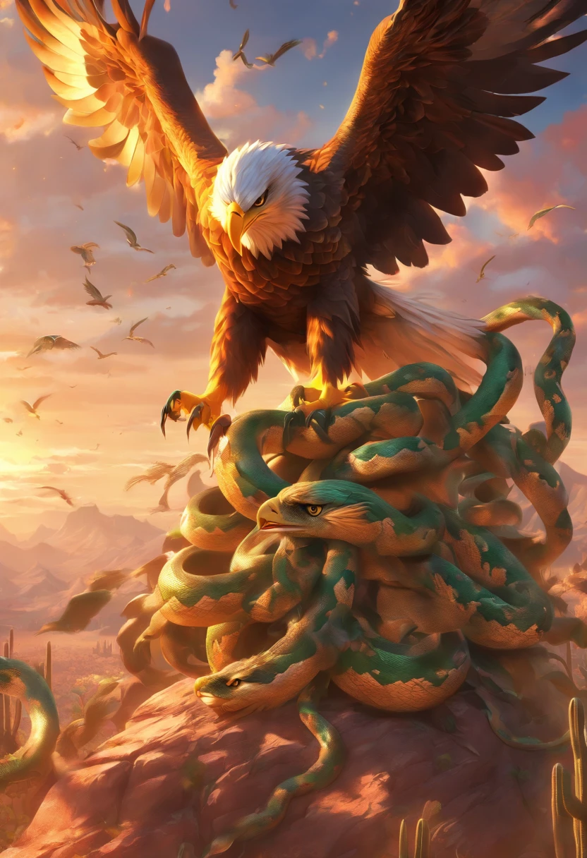 (((Eagle devouring snake)))best quality, ultra-high resolution, 4K detailed CG, master piece, eagle, cactus, desert snake, sunlight, Mexico, aesthetics, Beautiful image, centered on screen