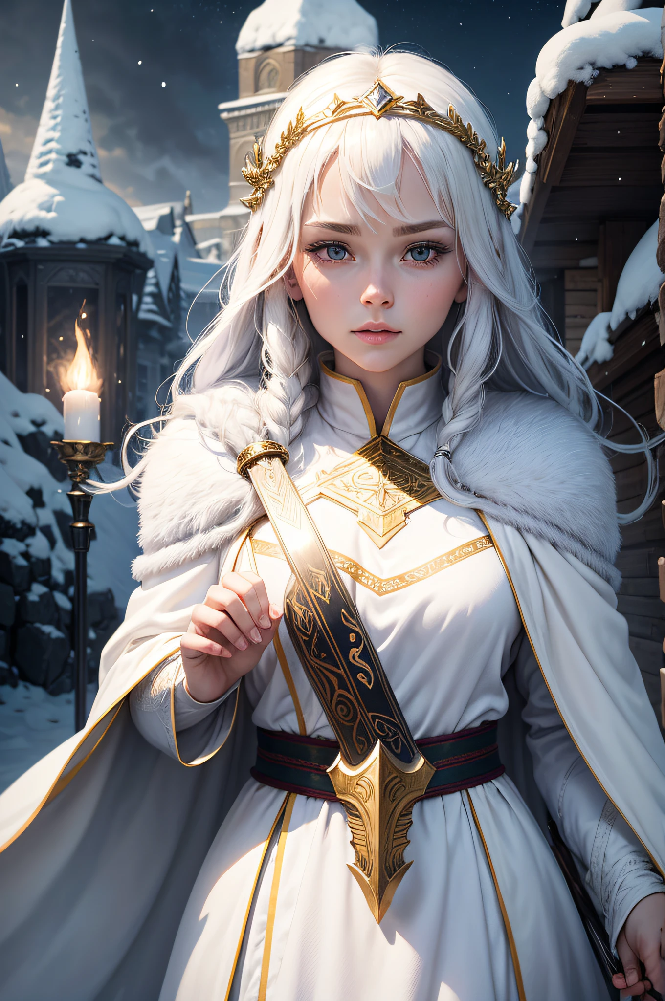 Nordic women Asgard Deities々 snowscape white robes diadems The sword Beautiful Landscapes Say a Prayer gold hair