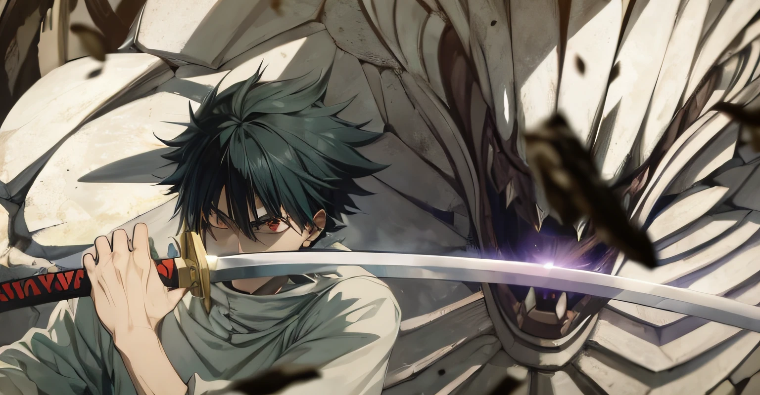 Yuta Okuttsu , Jujutsu Kaisen, menino emo, sword in hand, cabelos pretos, Serious, Demon in the back,muita energia, no eye demon