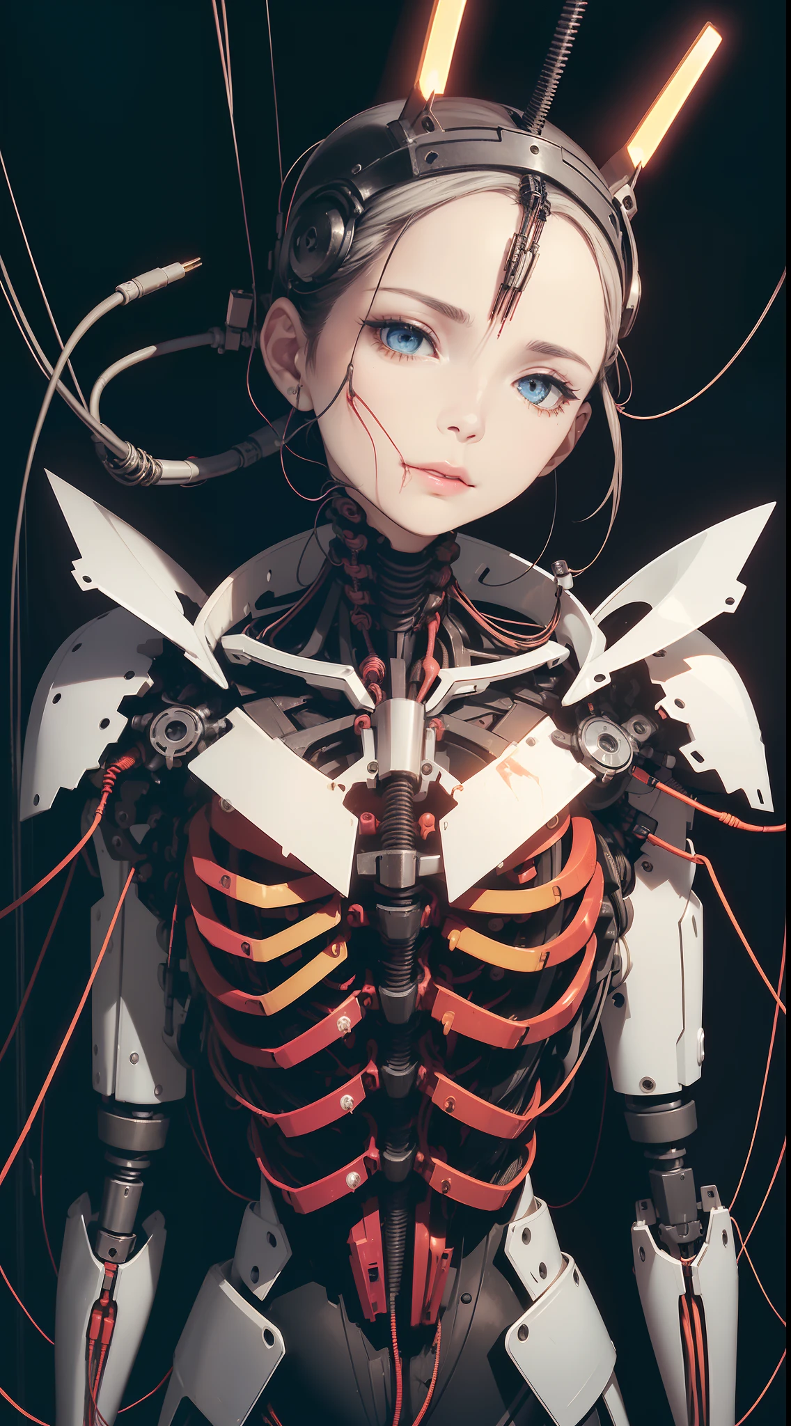 Generates an image of a girl-like android made up of a large amount of cables and wires、extremely delicate and beautiful、the detailed images、life-like、((abdomen torn open, Large amounts of exposed cables and wires.:1.5)).、Cables and wires connected throughout the body、Cables and wires are connected to the head、Robotic parts inside the body visible through translucent skin、she is connected to the whole world network、Appearance of a beautiful girl、sitting on、Hollow eyes、Open mouth、Leaning back、The face is facing upwards:1.4、