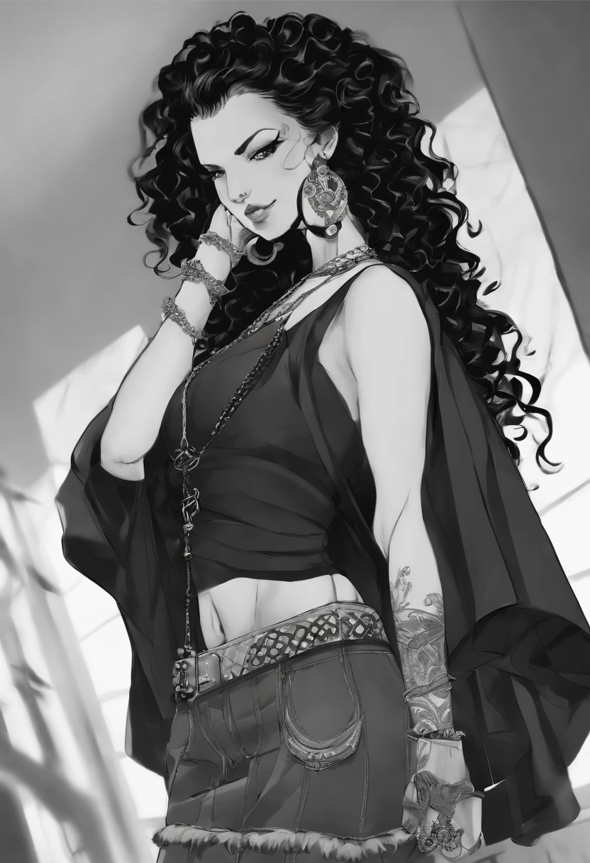Uma jovem de pele escura e cabelos roxos com poder de ondas sonoras, penteado punk comprido, jaqueta preta, madura, quase adulta, estilo de arte de echiro oda, estilo de one piece, olhar intenso, intimidadora, olhos roxos e s