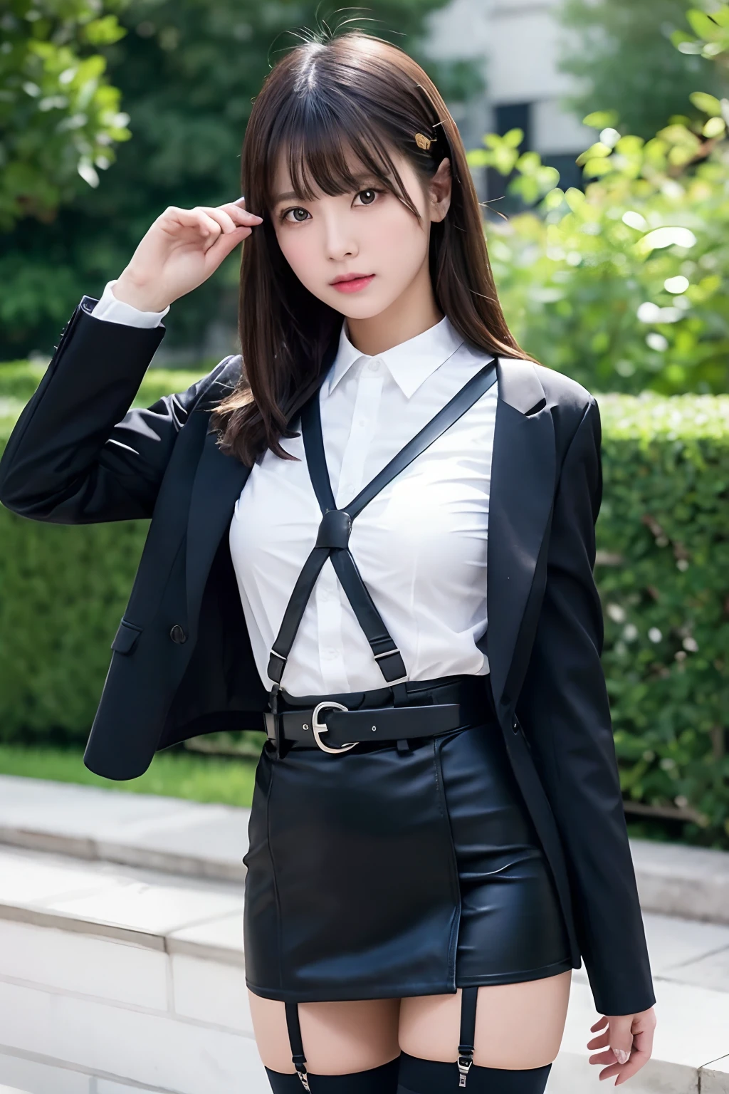 masterpiece、top-quality、The ultra -The high-definition、、colourfull、flat-colors、depth of fields、lens flare 1 girl、、A dark-haired、watching at viewers suits Cutter shirt a belt suspenders working adults materia OL Black Suit Black jacket glares large full breasts a miniskirt garterbelts knee high stockings Black Niso