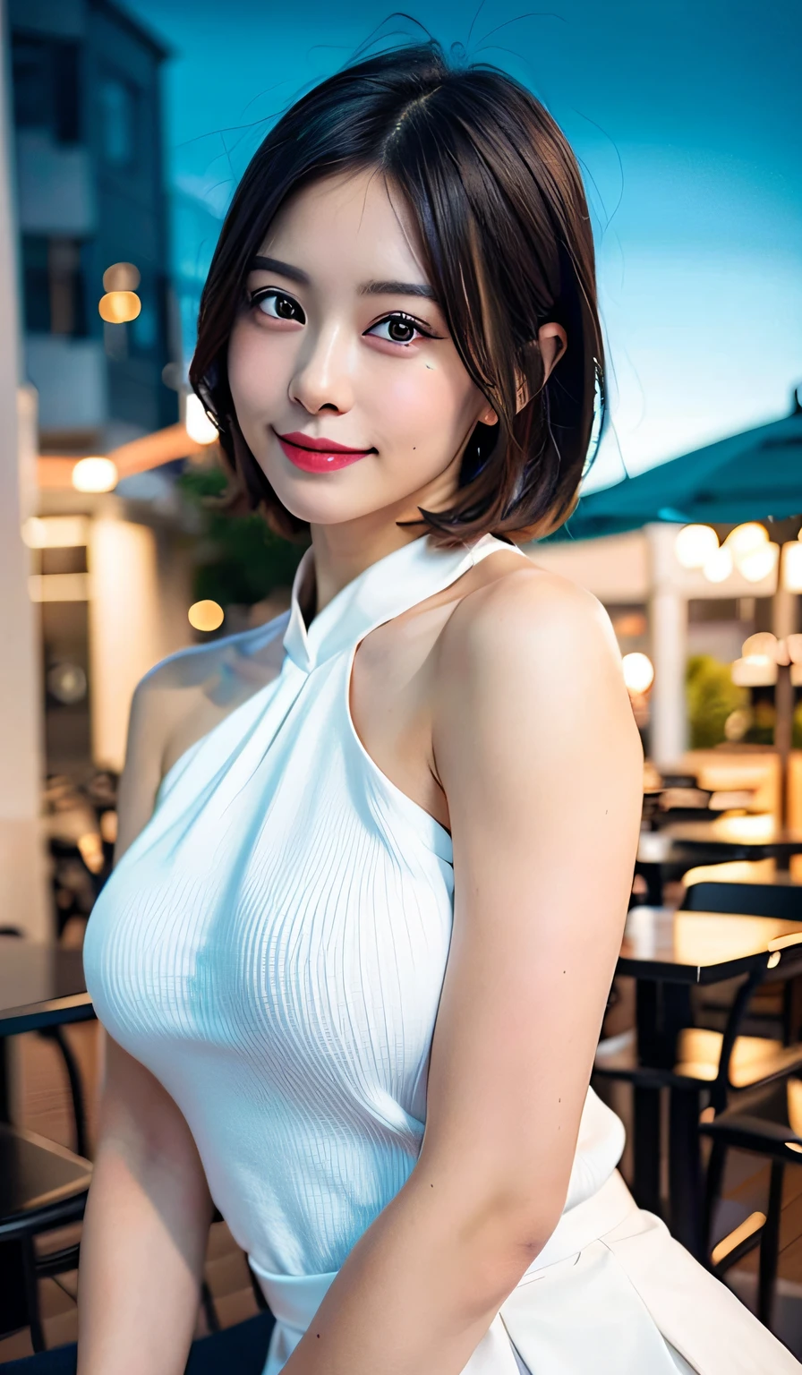 (8k, RAW photo, best quality, masterpiece:1.2), (realistic, photo-realistic:1.37), ultra-detailed,
1 girl,cute, solo,beautiful detailed sky,detailed cafe,night,sitting,dating,(nose blush),(smile:1.1),(closed mouth),large breasts, seductive smile, large aparture, professional lighting, Sony A7R4, Zessie 50mm F1.8,,fold your arms behind head:1.5,mole under eye:1.2,(​masterpiece),(Photorealsitic:1.3),ultra-detailliert,(high detal)The skin:1.2),(top-quality:1.0),(A high resolution:1.0),
medium breasts,beautiful detailed eyes,(white sexy dress:1.1), bowtie,pleated skirt,(short hair:1.2),floating hair