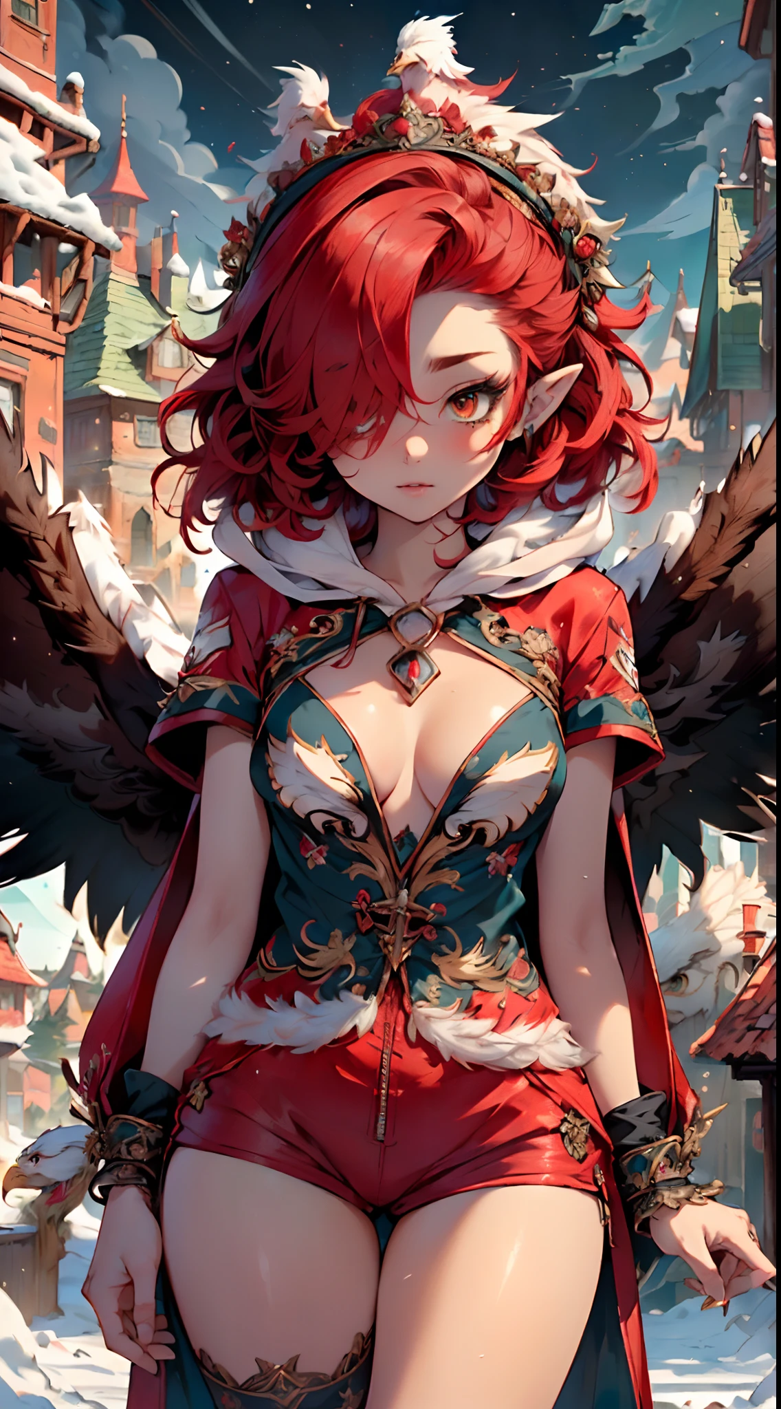 cute loli elf,(((little loli,tiny little body,little))),(((6 years old))),((anime elf loli with extremely cute and beautiful red hair)), (((elf))), (((elf ears))),

(((flat chest))),((((red hair:1.35,short red hair,(wild short hair:1.5),((hair over eyes:1.3)),colored inner hair,ear breathing)))),(((red_eyes:1.3))),intricate eyes,beautiful detailed eyes,symmetrical eyes,big eyes:1.5,(((lustrous skin:1.5,bright skin: 1.5,skin tanned,shiny skin,very shiny skin,shiny body,plastic glitter skin,exaggerated shiny skin,illuminated skin))),(delicate detailed fingers,detailed body,(detailed face)),

cute,slutty,erotic,daring,((nsfw)),

revealing clothing,show skin,(((Hooded feathers coat, red feathers coat set, wear a feathers coat: 1.3,red winter coat))),((bare legs)), (half-naked, scantily clad),(((intricate outfit,intricate clothes,embroidered outfit,ornate outfit,embroidered clothes,ornate clothes))),

(dynamic pose:1.0),embarrassed,(centered,scale to fit dimensions,Rule of thirds),

((eagles flying in the background:1.5)),((snowy pine forest at night)), with dark stormy clouds,winter,scenery:1.25,((snow forest background)),Christmas tree,

highres,sharp focus,(ultra detailed,extremely detailed),(photorealistic artwork:1.37),(extremely detailed CG unity 8k wallpaper),(((vibrant colors,vibrant theme))),(intricate),(masterpiece),(best quality),