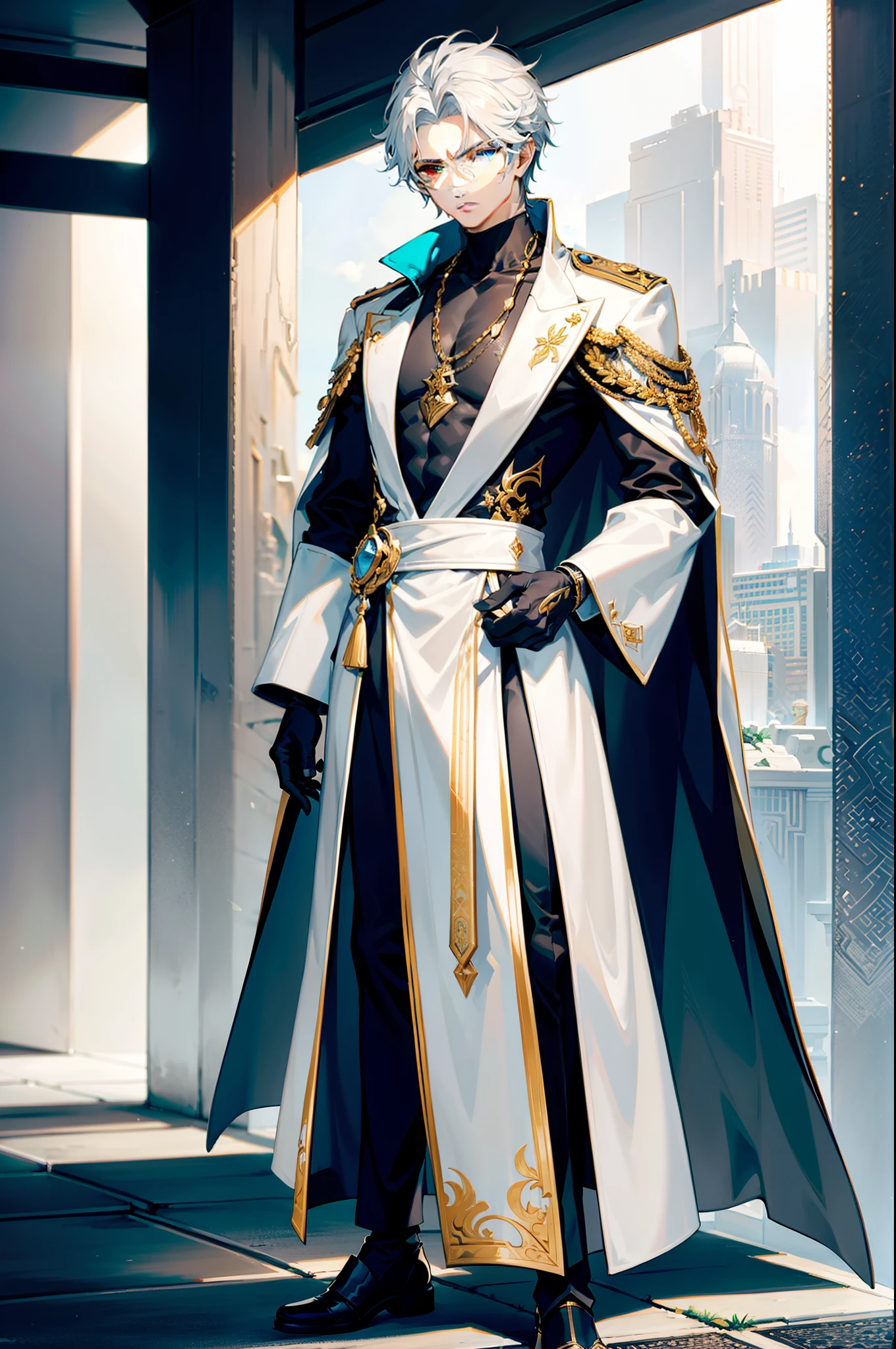 Zane Pharnx stands tall with an imposing yet athletic build, radiating an air of quiet strength. His fair skin accentuates his striking features, while his lustrous blue eyes possess a depth that hints at hidden complexities. His signature blonde hair is meticulously groomed, falling in a neat and stylish manner. Full  Body view. Zane's attire is both practical and stylish, reflecting his role as Emperor of Aegis.He prefers a comfortable yet refined look, often seen wearing a plain black t-shirt that complements his physique, paired with crisp white pants that offer a sense of contrast. His choice of footwear consists of sleek black shoes that add an element of sophistication. Over his t-shirt, Zane dons a long-sleeved white coat, its sleeves casually rolled up, giving him an approachable and laid-back appearance. The coat adds a touch of formality while maintaining a sense of practicality. Two belts adorned with ornate golden buckles adorn his waist, symbolizing his status as both a leader and a guardian. They hold in place an intricately designed blade, reflecting his connection to his royal lineage and his duty to protect his people.
