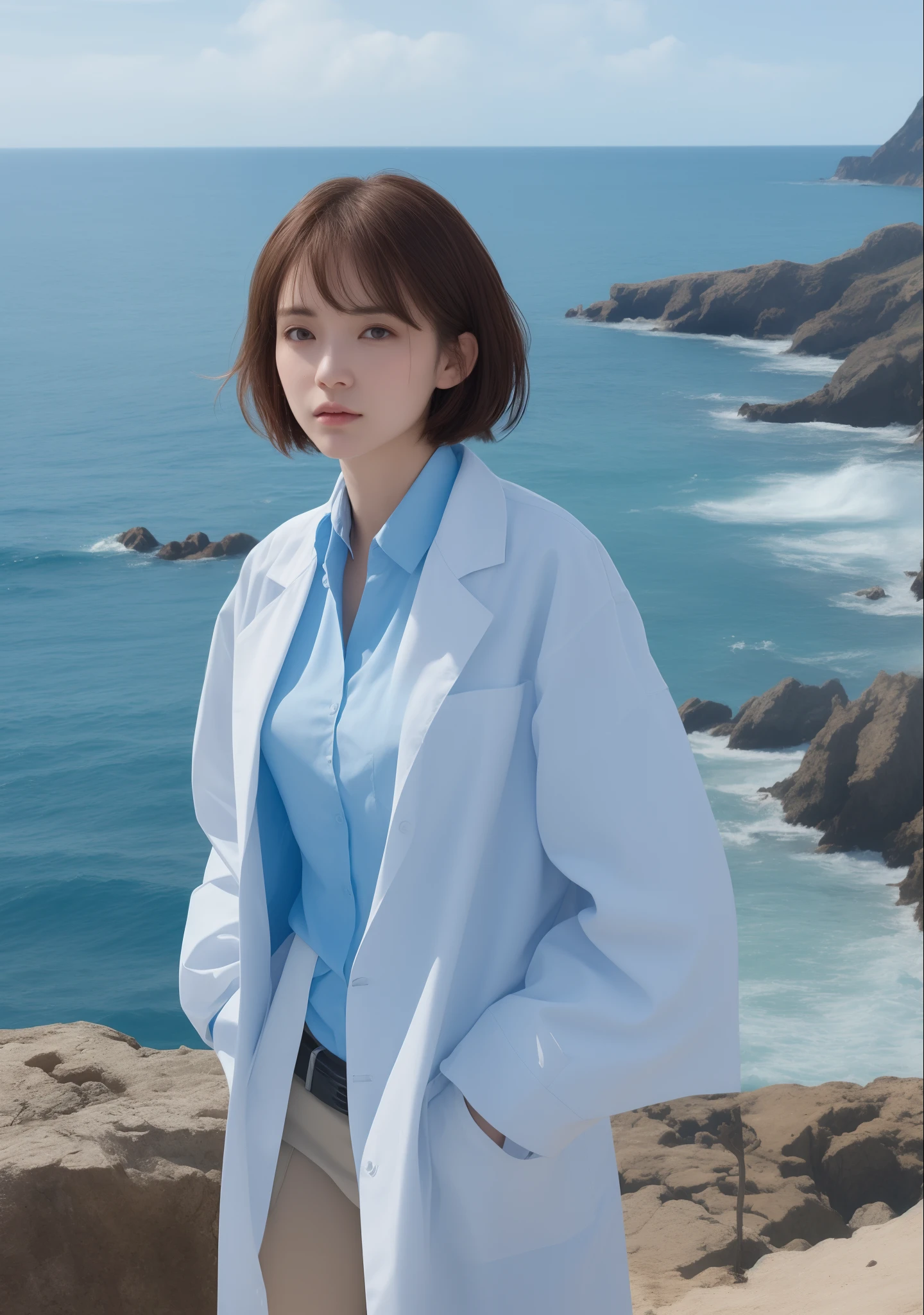 top-quality、Beautiful woman in medical lab coat、Light blue shirt under lab coat,hands in the pocket、bob cuts、Brown hair、a small face、A slender、Colossal tits、Stand on a cliff with the sea in the background、sad eyes、gazing into distance、Hair fluttering in the wind、