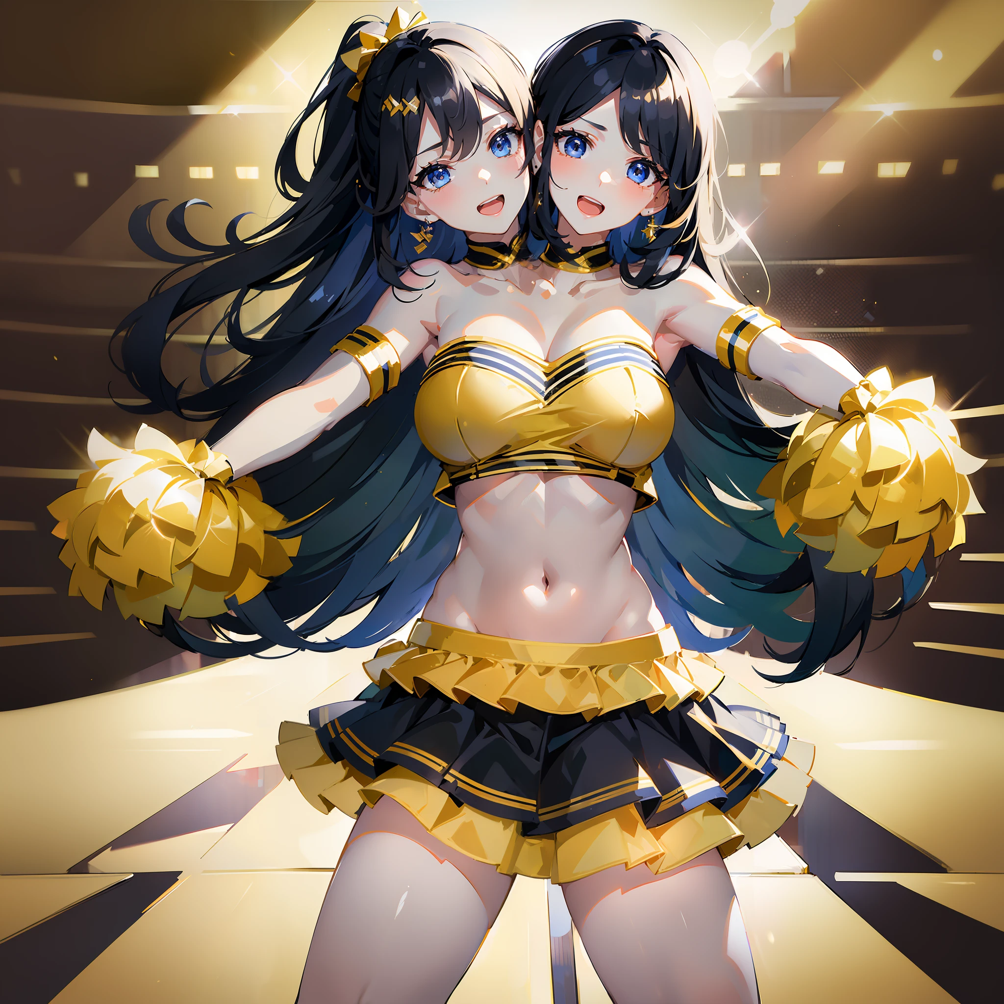 (masterpiece, best quality), best resolution, (2heads:1.5), 1girl, cheerleader, black hair, blue eyes, open mouth, energetic, cheery, black and gold cheerleader outfit, cheering pose, football stadium, night