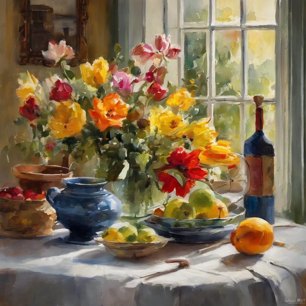 Close-up of the table with the vase, delightful surroundings, With French Garden, House kitchen on a sunny day, French Village Interiors, by Bernard D’Andrea, Bright window lighting kitchen, Architectural Digest, Holmes and Garden Magazine, House and garden, Architectural Digest Photo, summer morning light, with flowers and plants, Vignette Digital Sketch, Drip paint. Perfect color grading. Influence of Karel Appel and Jeremy Mann, Lots of dramatic and threatening scenes, ultra-detailliert, Beautiful, insanely detaileda, Intricate details, Editorial Photography, Shot with a 50mm lens, depth of fields, Tilt Blur, Shutter Speed 1/1000, F/22. Lightmaps, Super bright