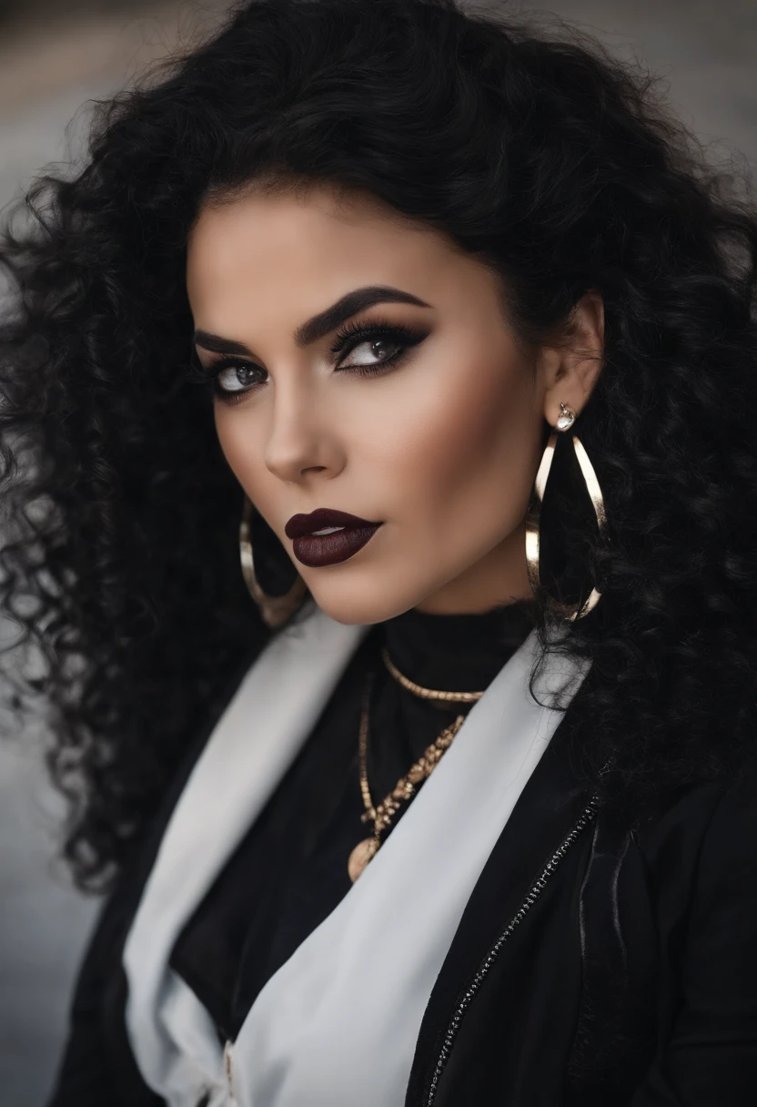 Uma jovem de pele escura e cabelos roxos com poder de ondas sonoras, penteado punk comprido, jaqueta preta, madura, quase adulta, estilo de arte de echiro oda, estilo de one piece, olhar intenso, intimidadora, olhos roxos e s