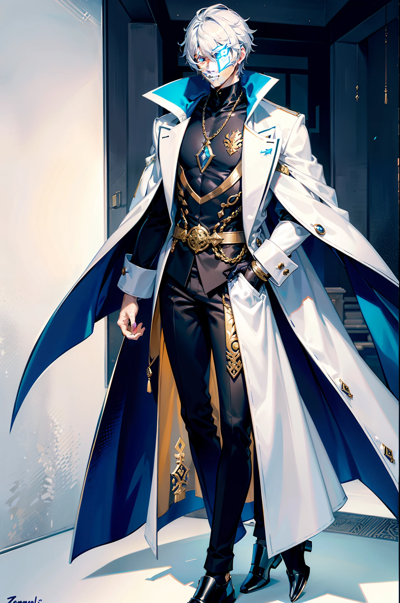 Zane Pharnx stands tall with an imposing yet athletic build, radiating an air of quiet strength. His fair skin accentuates his striking features, while his lustrous blue eyes possess a depth that hints at hidden complexities. His signature blonde hair is meticulously groomed, falling in a neat and stylish manner. Full Body view. Zane's attire is both practical and stylish, reflecting his role as Emperor of Aegis.He prefers a comfortable yet refined look, often seen wearing a plain black t-shirt that complements his physique, paired with crisp white pants that offer a sense of contrast. His choice of footwear consists of sleek black shoes that add an element of sophistication. Over his t-shirt, Zane dons a long-sleeved white coat, its sleeves casually rolled up, giving him an approachable and laid-back appearance. The coat adds a touch of formality while maintaining a sense of practicality. Two belts adorned with ornate golden buckles adorn his waist, symbolizing his status as both a leader and a guardian. They hold in place an intricately designed blade, reflecting his connection to his royal lineage and his duty to protect his people.