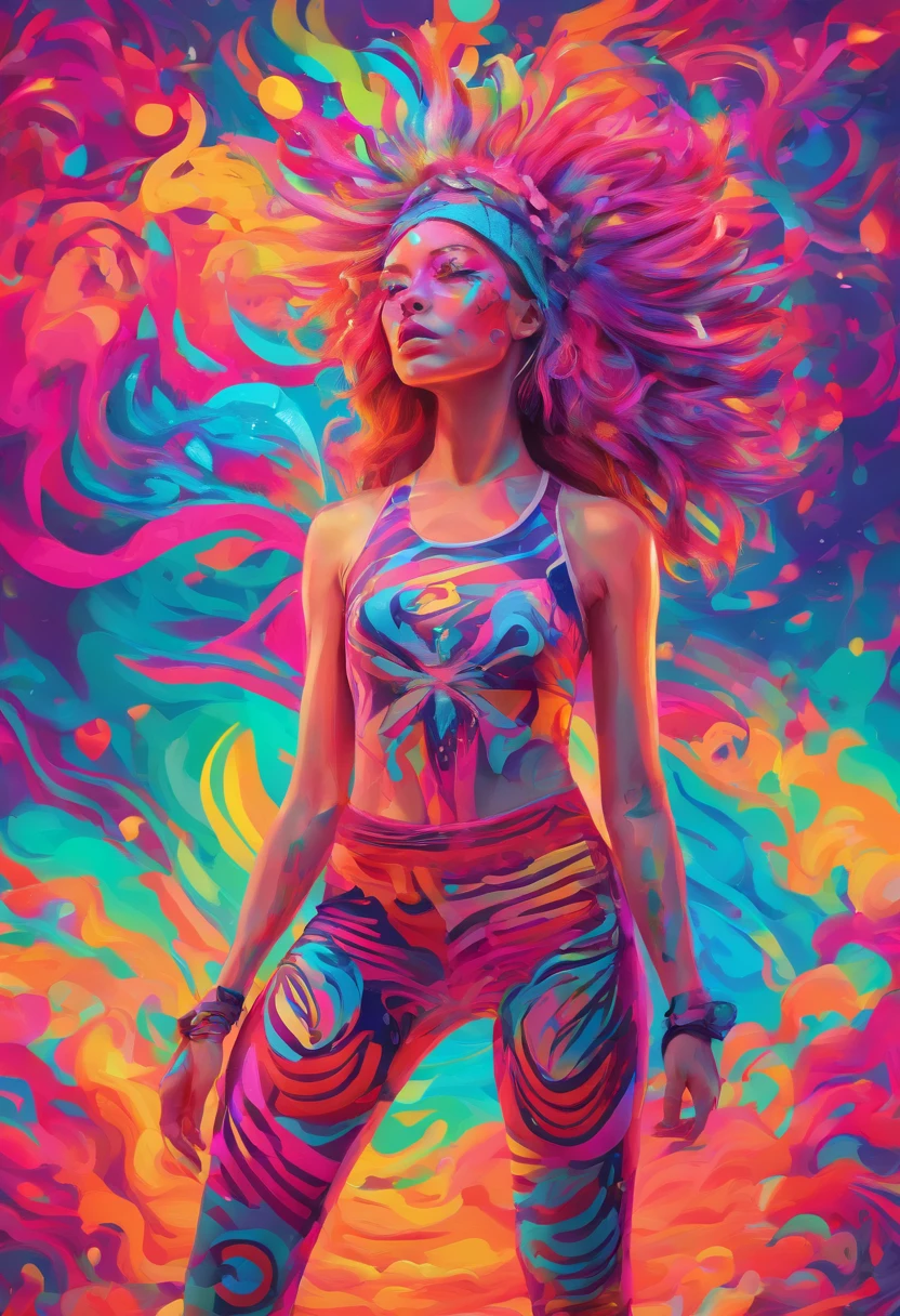 a woman in sports tank and leggings with a neon makeup and headdress , transgressive art, sharp focus, 8 k, octane render , saturated colors, pastel colors, full body portrait