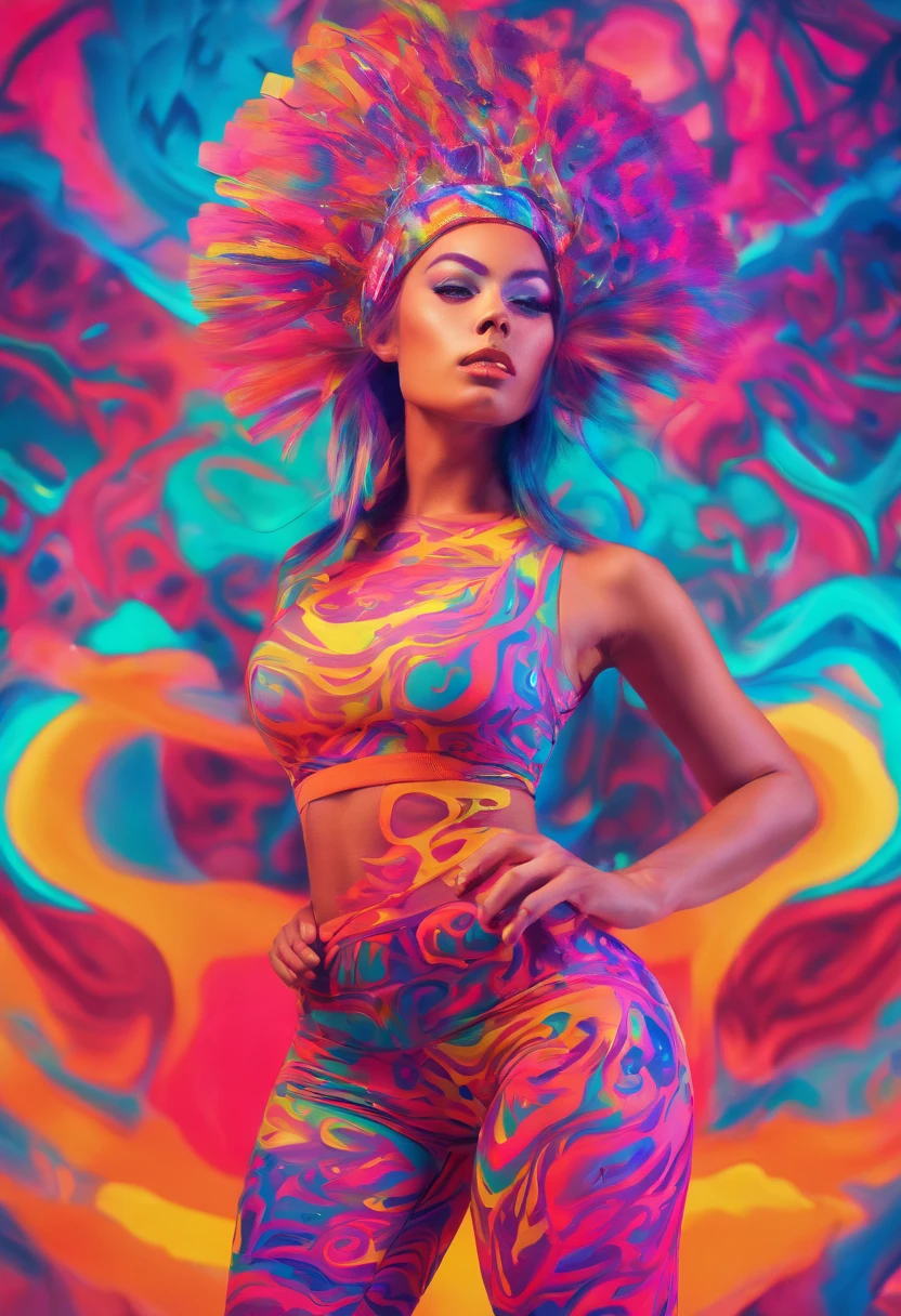 a woman in sports tank and leggings with a neon makeup and headdress , transgressive art, sharp focus, 8 k, octane render , saturated colors, pastel colors, full body portrait