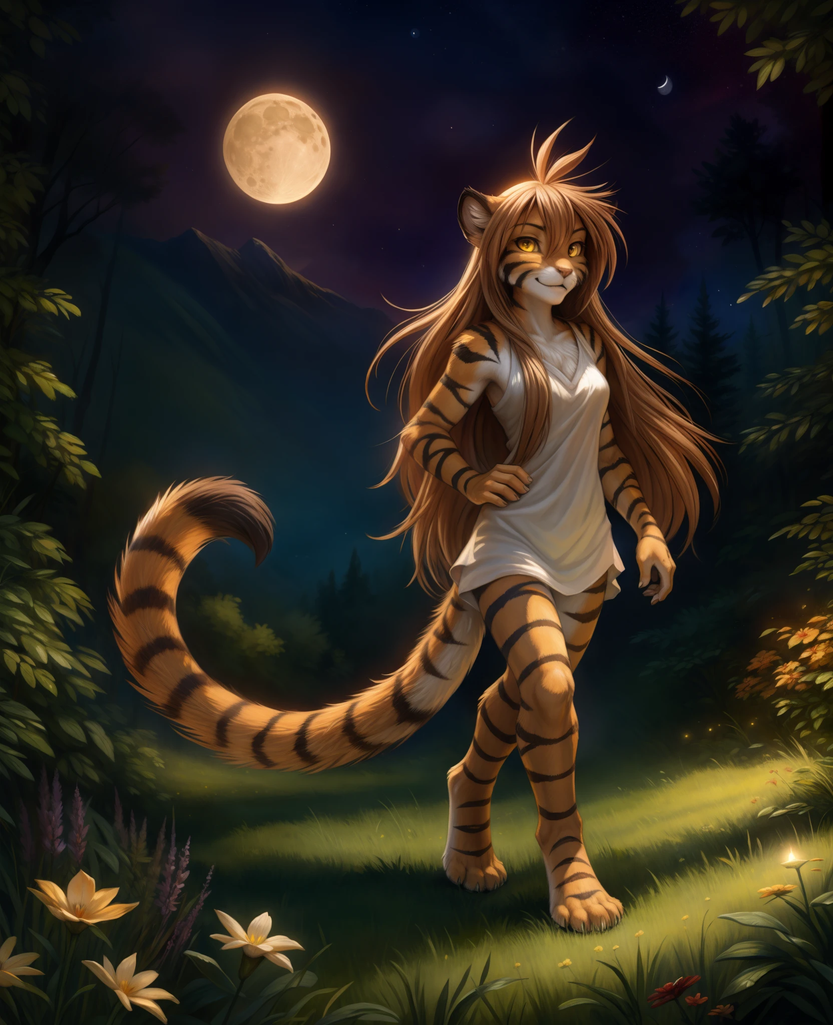 by kenket, by totesfleisch8, (by thebigslick, by silverfox5213:0.8), (by syuro:0.2),, floratwokinds, flora, twokinds, by tom_fischbach,,  white fur
forest, night, stars, moon, long brown hair, yellow eyes, long hair ,tiger tail