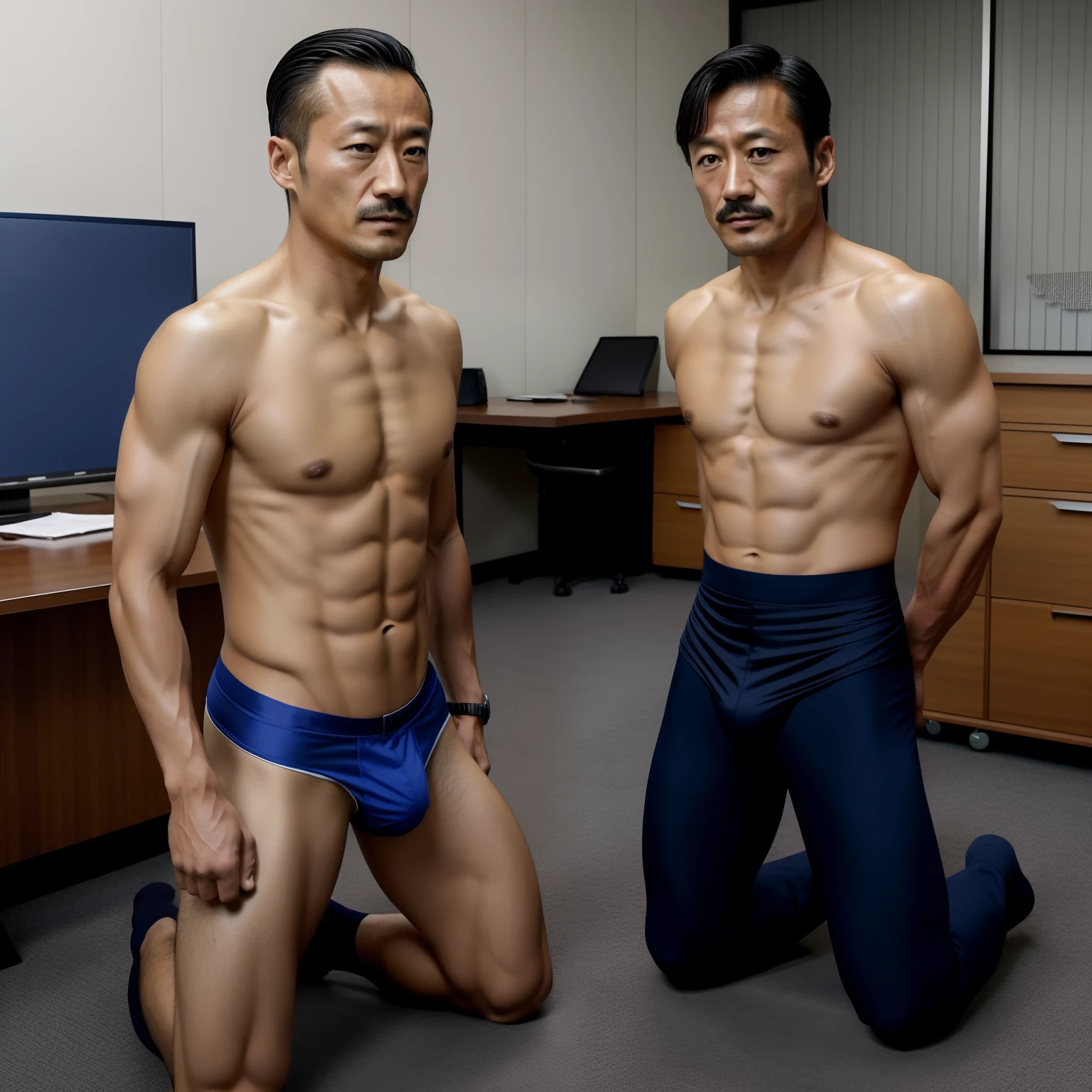 aged 40，Hidetoshi Nakata，（Kogoro Mouri 1.3）Shirtless，Tong，Bulge，fortitude，office room，Two people knelt，Blue panties，Sexy briefs，Business suit，fortitude，k hd，with mustache，black long socks，