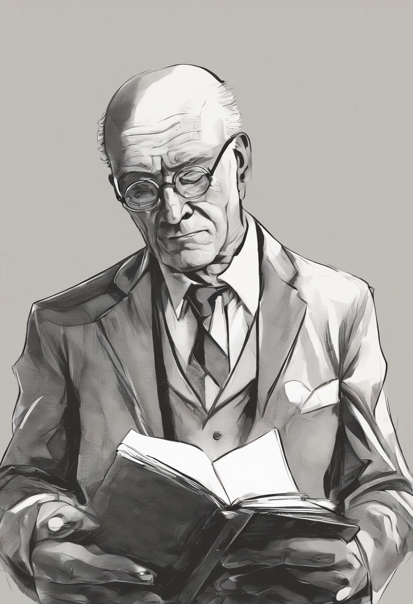 "Por favor, Create an image of an elderly and bald math teacher. He must have a completely bald head, sem cabelo algum. O rosto do professor deve estar repleto de pintas, espalhadas por toda a sua pele. He should look very experienced and wrinkled due to his age. The teacher must be wearing small glasses, com aros de metal, that add to your intellectual appearance. Your facial expression should be serious and focused, reflecting his dedication to mathematics. He must be wearing a classic suit, com gravata, and holding a math book in one hand. The image should be sharp and detailed, with a sense of respect and authority conveyed by the presence of the elderly teacher."