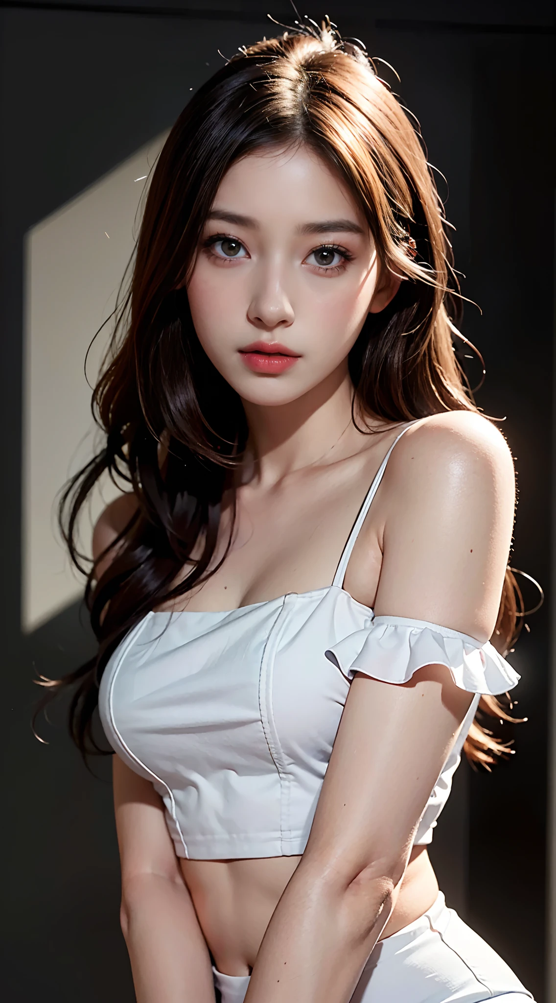 1female, 25 years old, Best quality, masterpiece, ultra high res, (photorealistic:1.4), raw photo, 1girl, offshoulder, in the dark, deep shadow, low key, cold light, looking at camera, closeup shot, soft smooth skin, face well lit