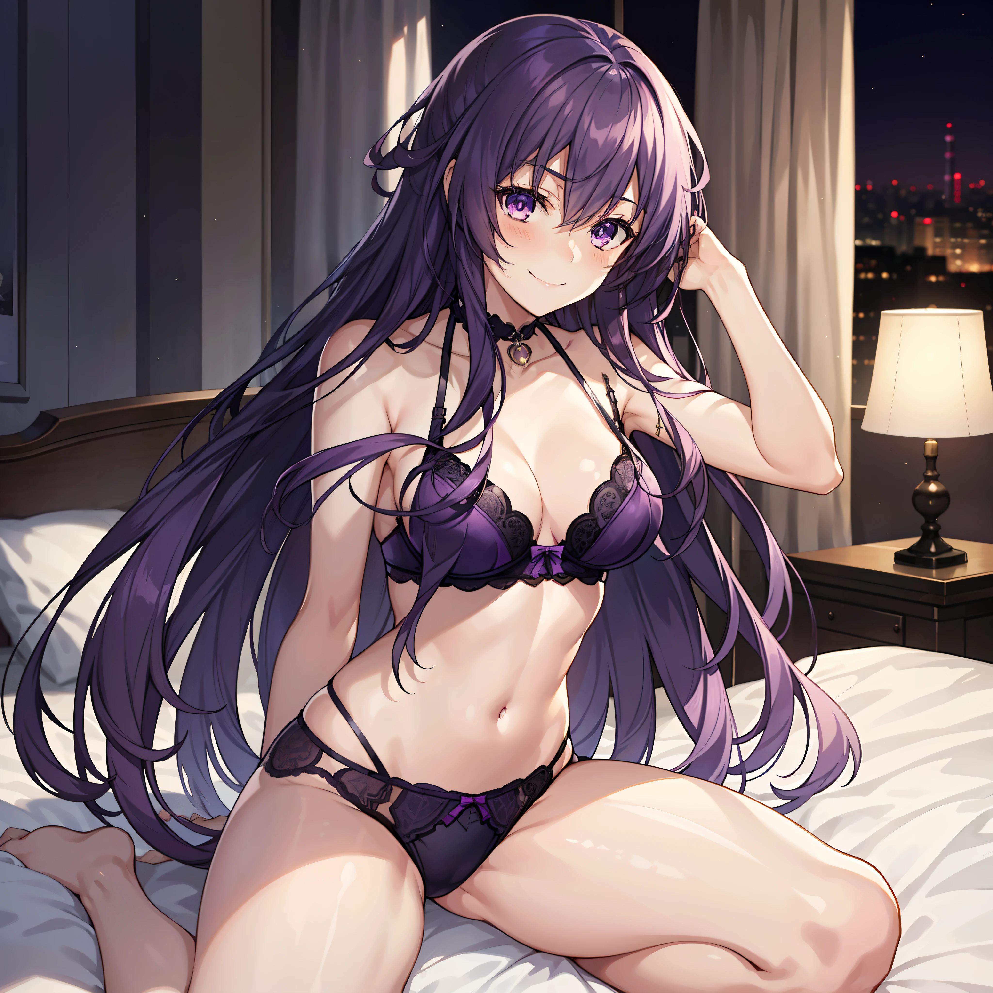 1girl,medium breasts,hotel room,bed,(8k),
,detailed face,purple hair,purple eyes,long hair,embarassed,shy,smiling,hair, high_res, high_definition,battlefield,sexy pose,black sexy lingerie,legs open,