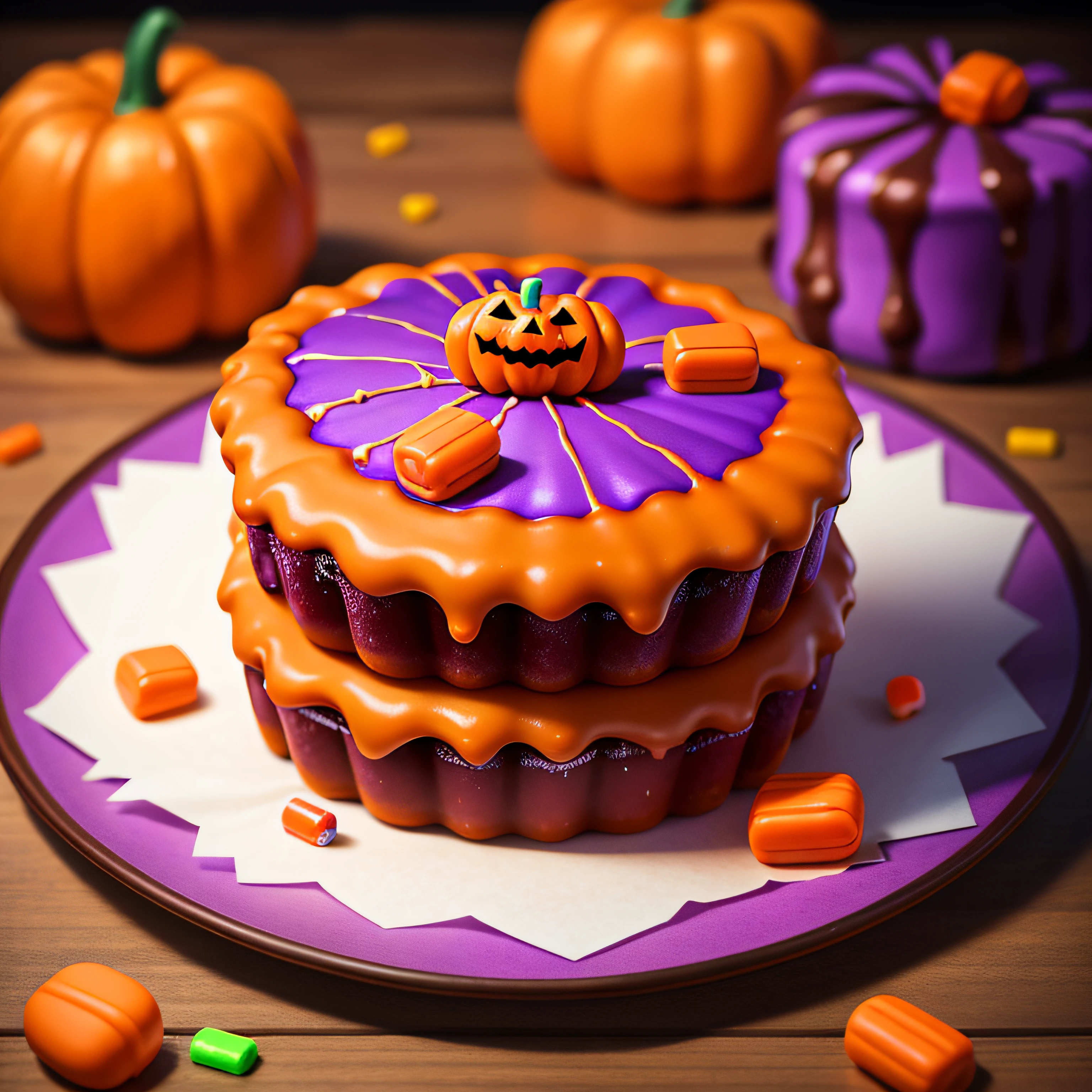 (raw photo), halloween candy on a table, foodphoto, blurred background, full view, 8k, excellent quality.