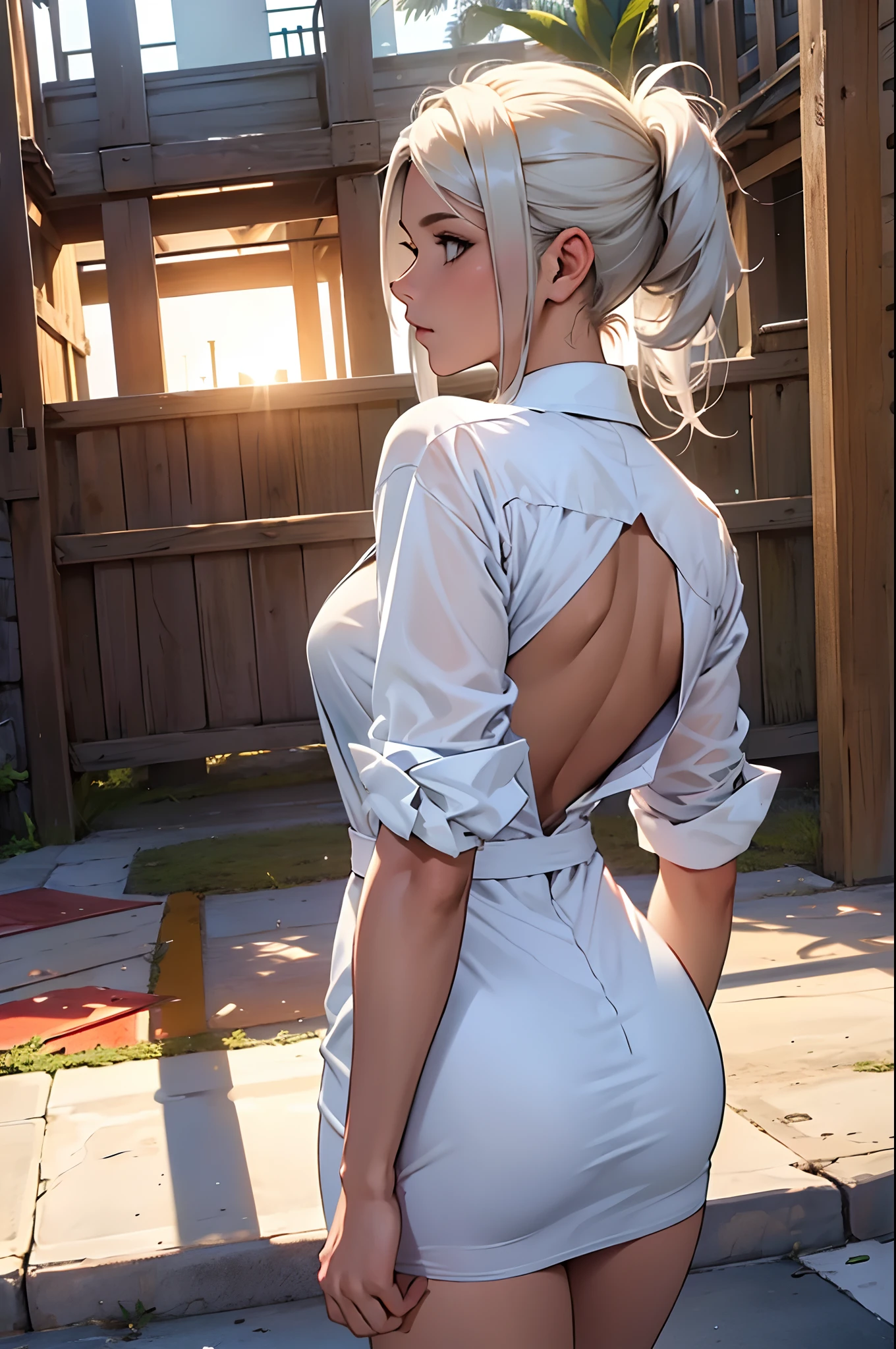 femele、1a person、Long、White shirt、Transparent、a miniskirt、T back、seem
