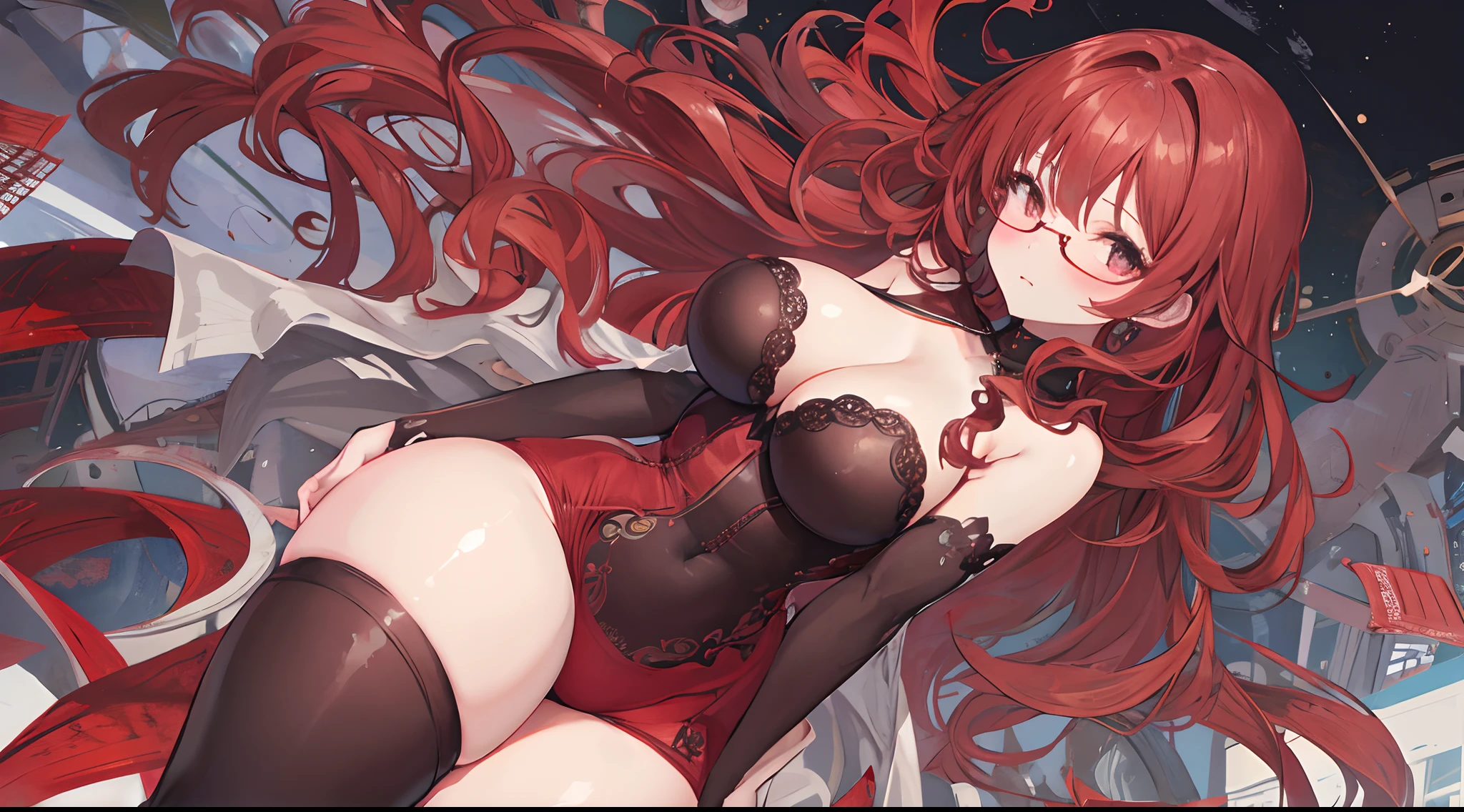 Dark red curly hair, solo girl, medium height, medium sized breast, big ass, hourglass waist, thick thighs, glasses, sfw