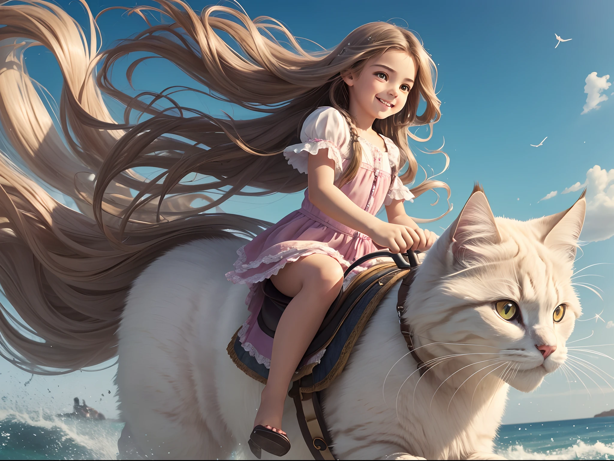 Indescribably sweet, Little graceful girl with long hair, fluttering in the wind, Eyes sparkle, The expression of happiness on his face, nice smile; Riding a big fluffy Siberian cat, Realistic cat, Gallop into the screen, Feeling the speed of movement; high quality textures, higly detailed, realistness, Cartoon style, fairytale, Completely in the frame, hight resolution, Realistic Proportion
