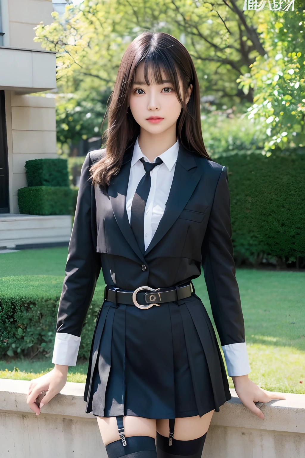 ​masterpiece、top-quality、The ultra -The high-definition、、colourfull、flat-colors、depth of fields、lens flare 1 girl、、A dark-haired、watching at viewers　suits　Cutter shirt　a belt　suspenders　working adults　materia　OL　Black Suit　Black jacket　glares　large full breasts　a miniskirt　garterbelts　knee high　stockings　Black Niso