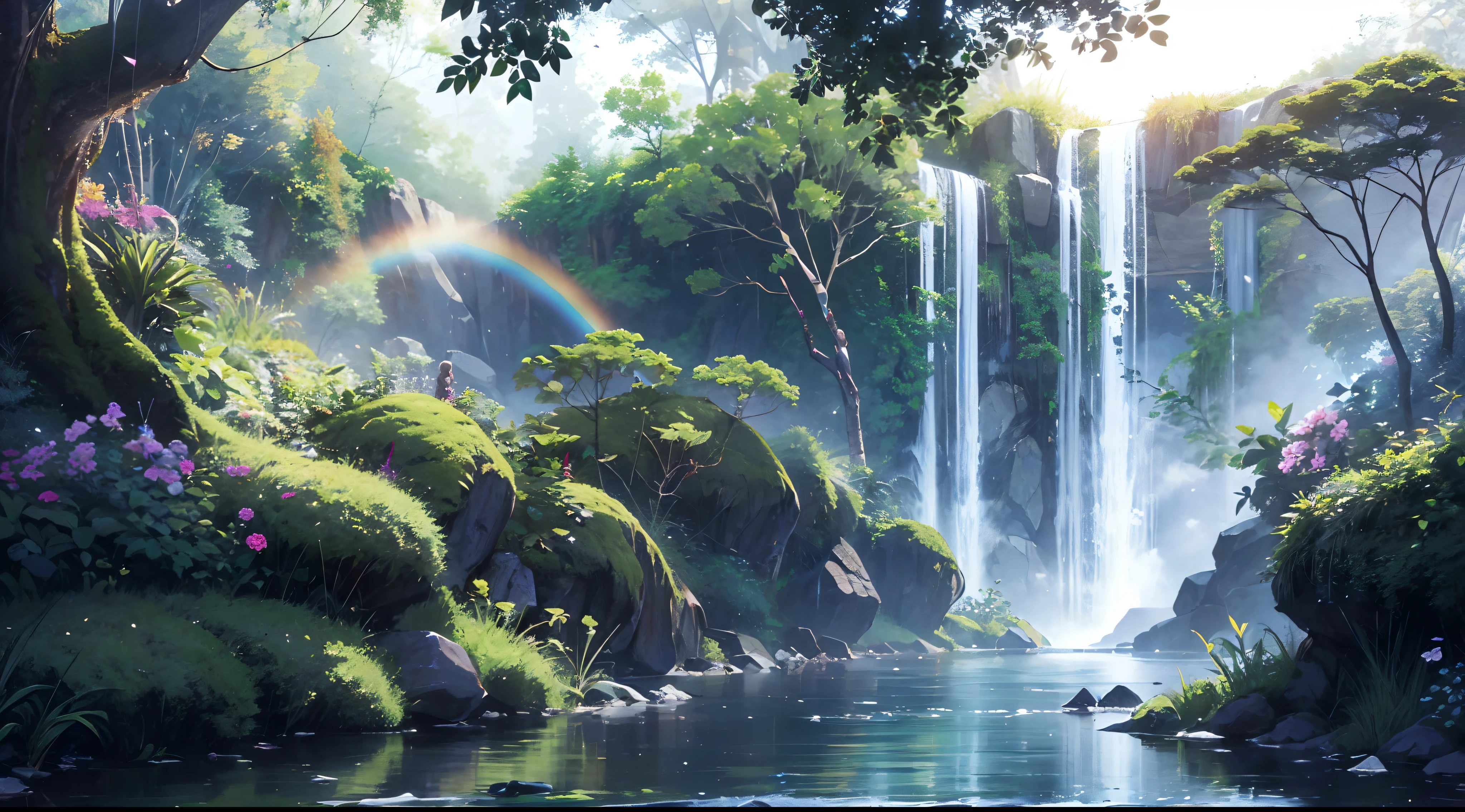 res, ultra detailed, (no human:1.3), BREAK , Create an image using a dark rainbow prism effect, with light refracting and creating ethereal cinematic appearance. BREAK , Design an image with a cinematic lens , capturing a wide field of view with a distinctive, curved perspective. BREAK , Capture a wide river,dense rainforest , with aged thick trees, rocks, waterfall,trees with colorful flowers,dappled sunlight, and a sense of tranquility and natural beauty. BREAK , Illustrate a rainforest world, using only godray shades of nature to convey depth, emotion, and a striking visual impact