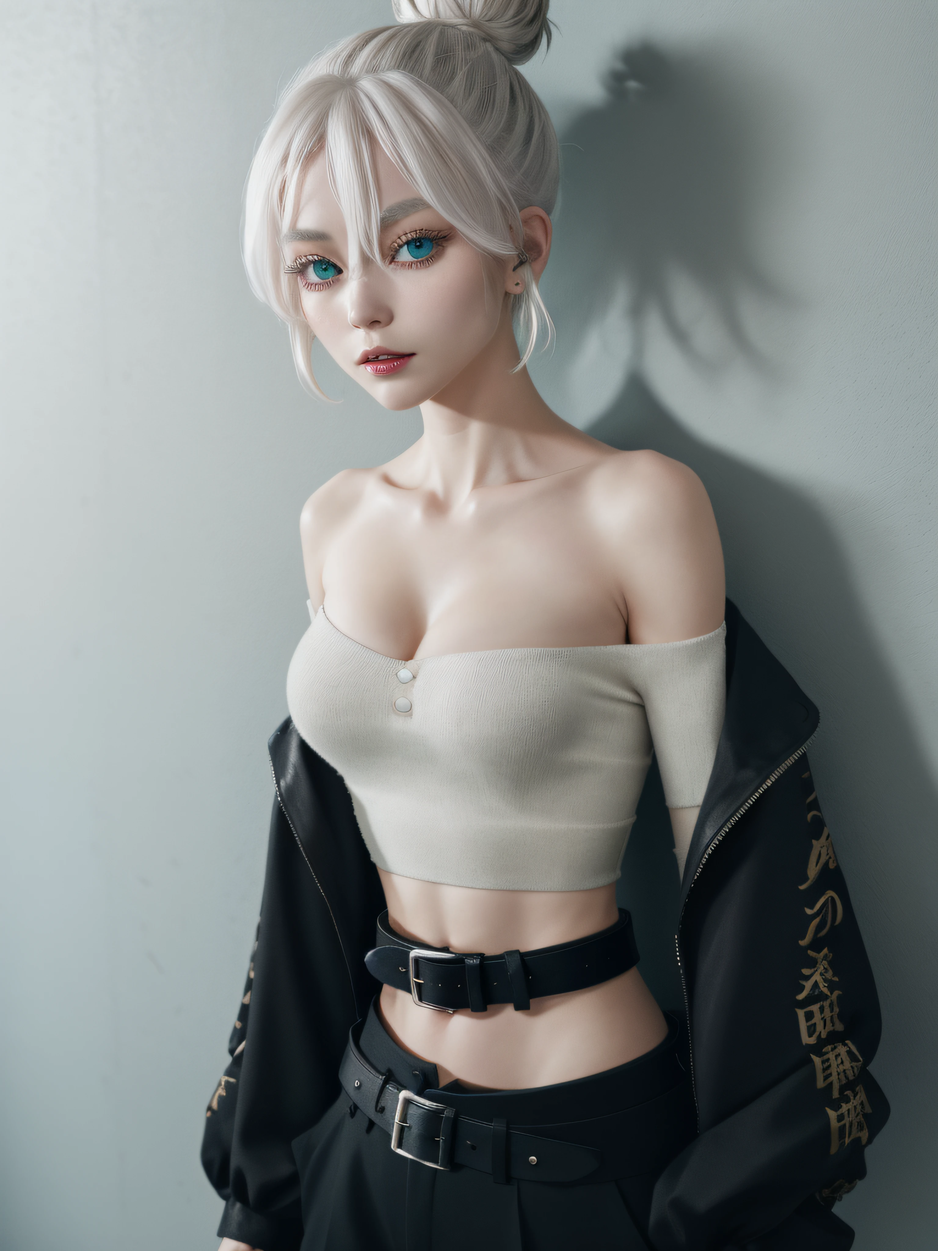 masterpiece, best quality, highres, 1girl, solo, short hair, white hair, hair bun, hair between eyes, colored eyelashes, aqua eyes, off shoulder, cleavage, sarashi, bandages, black jacket, open clothes, long sleeves, midriff, belt, black pants, standing, night, cyberpunk, wall