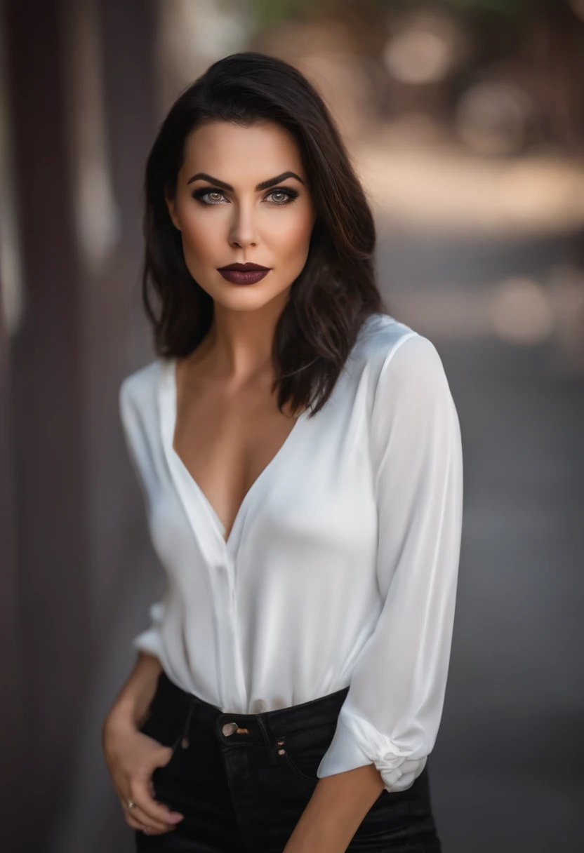 ultra realista, Un primer plano de una mujer con un vestido negro modelo Amy Lee , pelo corto negro, Cabello corto negro corte pixie, con el pelo corto, Olga Buzova, Pelo negro corto, Alina Ivanchenko, corte de pelo corto y oscuro, corte pixie, Corte de pelo Pixie, Julia Gorokhova, cabello corto y oscuro, Obra maestra, (Camisa ajustada con cuello en V y jeans de baja altura), (senos medianos), (cuerpo perfecto), (Pelo negro corto), afuera, (textura de la piel:1.1), La mejor calidad, ultra-high-resolution, Foto RAW, Nikon D850, Luz de fondo, Luz de llanta, luz solar brillante, Film grain:1.2,