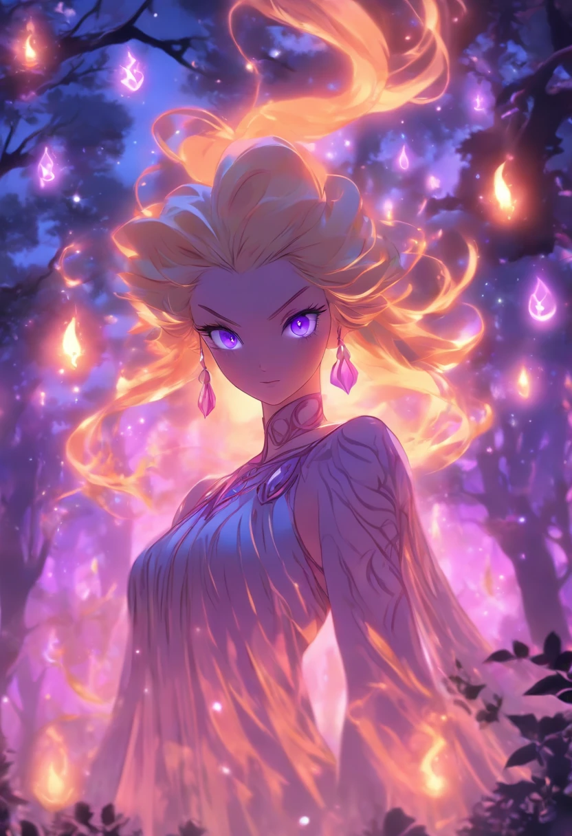 (best quality, highres, ultra-detailed, realistic:1.37), female, glowing purple eyes, long flowing blonde hair, witch, goddess, casting glowing spells, mystical fantasy woods, evil smirk, enchanted atmosphere, hauntingly beautiful, ethereal, dark magic, mesmerizing, captivating, mysterious aura, wisps of magic, moonlit glimmer, ancient power, bewitching presence, enchanting glow, intricate spellcasting, swirling energy, mystical symbols, surreal landscape, majestic trees, vibrant foliage, moonlight filtering through the branches, flickering lights, magical creatures, enchanting melodies, otherworldly whispers, ethereal haze, divinely powerful, aura of darkness, enchanting beauty, spellbinding gaze, magical essence, intoxicating charm, femme fatale, mythical realm, hauntingly seductive, spellbound onlookers