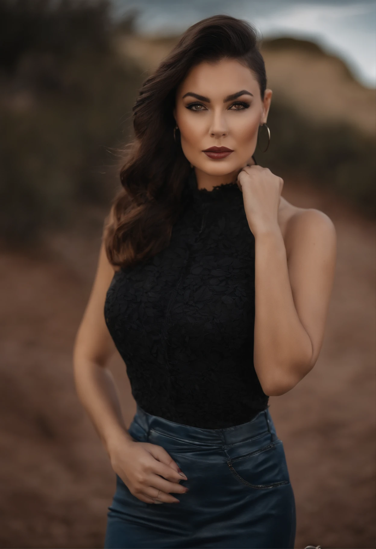 ultra realista, Un primer plano de una mujer con un vestido negro modelo Amy Lee , pelo corto negro, Cabello corto negro corte pixie, con el pelo corto, Olga Buzova, Pelo negro corto, Alina Ivanchenko, corte de pelo corto y oscuro, corte pixie, Corte de pelo Pixie, Julia Gorokhova, cabello corto y oscuro, Obra maestra, (Camisa ajustada con cuello en V y jeans de baja altura), (senos medianos), (cuerpo perfecto), (Pelo negro corto), afuera, (textura de la piel:1.1), La mejor calidad, ultra-high-resolution, Foto RAW, Nikon D850, Luz de fondo, Luz de llanta, luz solar brillante, Film grain:1.2,