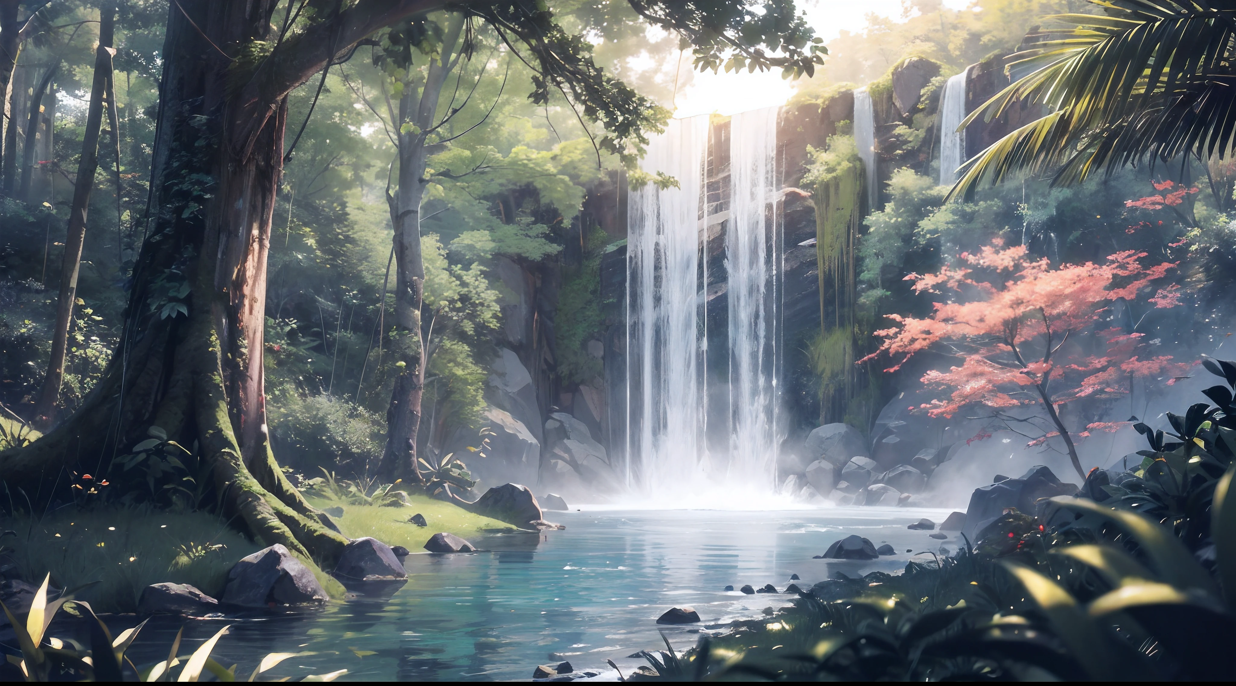 res, ultra detailed, (no human:1.3), BREAK , Create an image using a dark rainbow prism effect, with light refracting and creating ethereal cinematic appearance. BREAK , Design an image with a cinematic lens , capturing a wide field of view with a distinctive, curved perspective. BREAK , Capture a wide river,dense rainforest , with aged thick trees, rocks, waterfall,trees with colorful flowers,dappled sunlight, and a sense of tranquility and natural beauty. BREAK , Illustrate a rainforest world, using only godray shades of nature to convey depth, emotion, and a striking visual impact