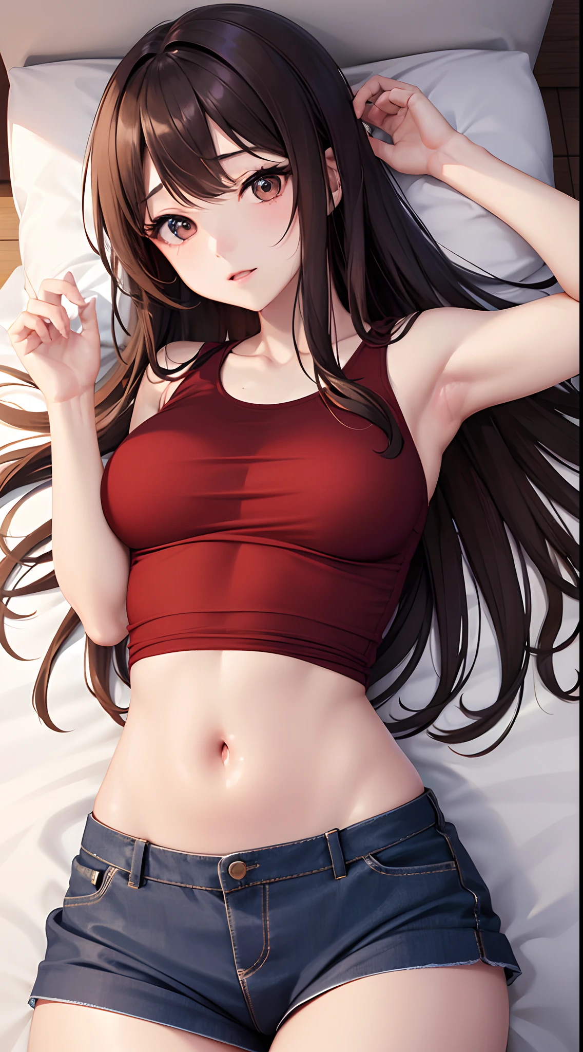 1 girl, beautiful, charming, cute, pale skin, double eyelid, waking up expression, brown colour eyes, long caramel colour hair until waist, lightly red cheeks, singlet and skirts, perfect body figure, big breast 1:3, slim waist, Closer look, photoshoot, bedroom, Sleeping pose, closer look at camera
