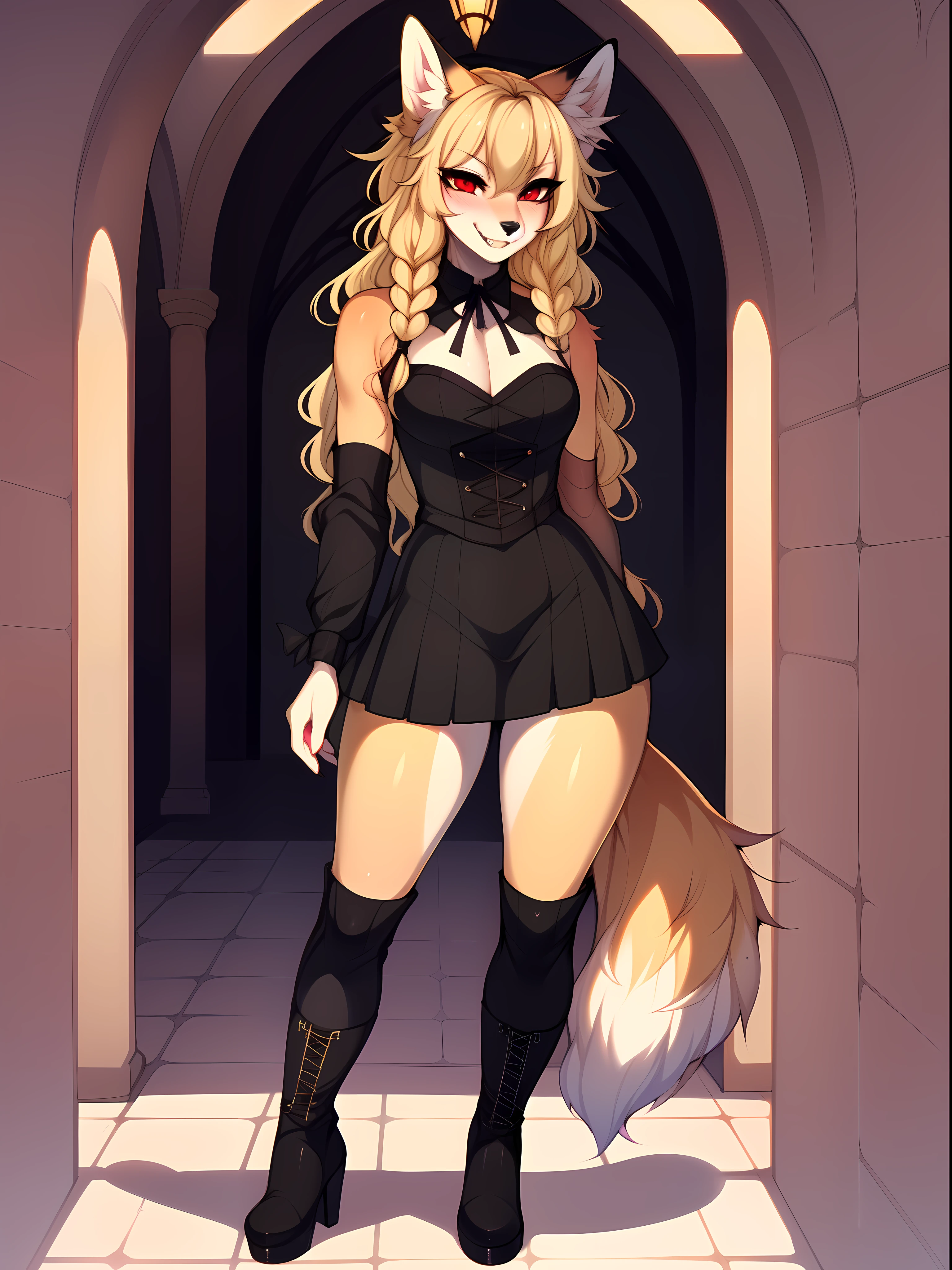 Kimiko, solo:1.3, red eyes, by tokifuji, by fumiko, by claweddrip, cute blonde fox girl, long wavy hair, in a fancy dark mansion, standing in a foyer, wearing black vampire clothes, grinning, furrowed eyebrows, vampire fangs, full body shot, wearing stiletto boots, sexy pose