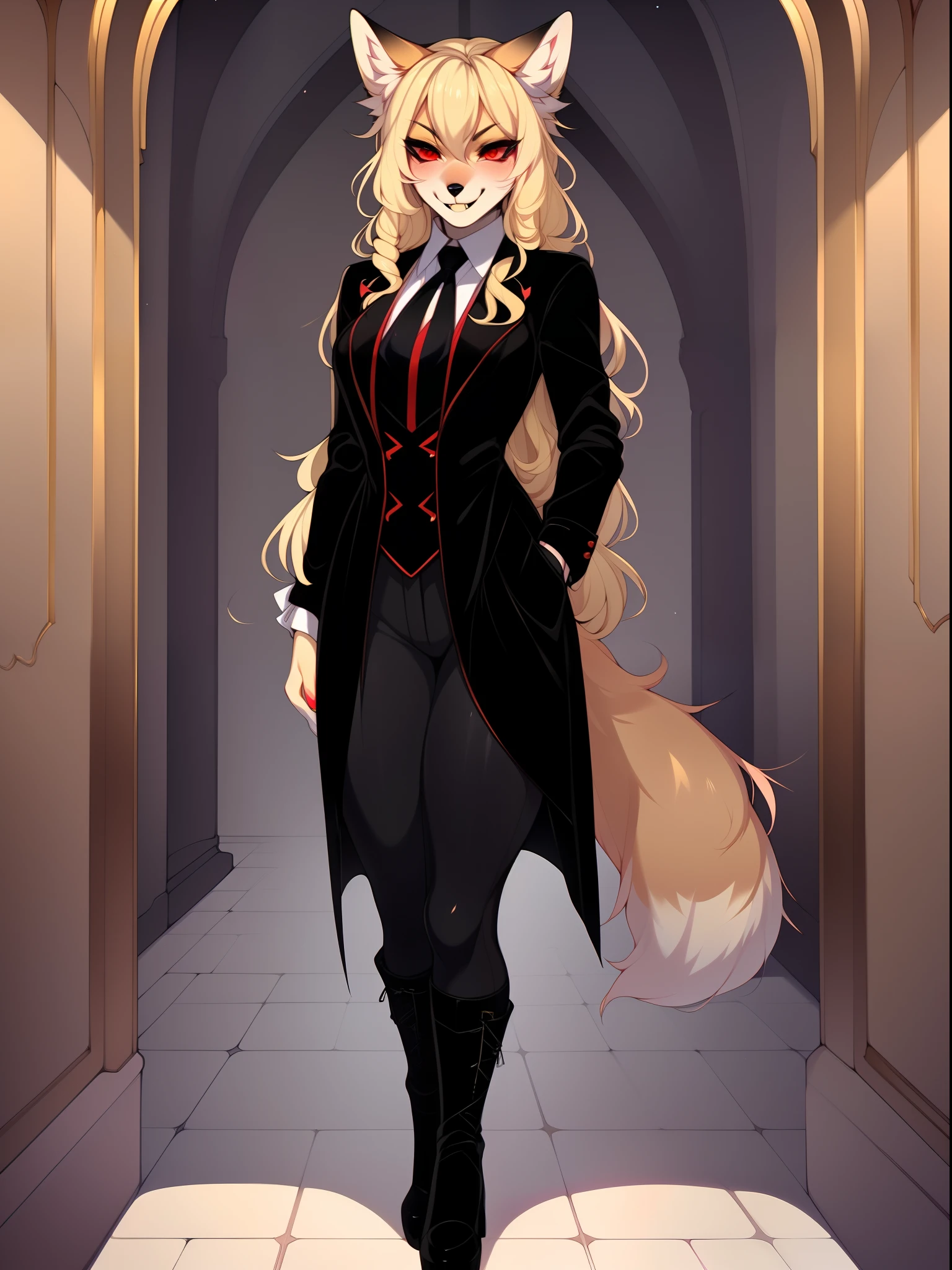 Kimiko, solo:1.3, red eyes, by tokifuji, by fumiko, by claweddrip, cute blonde fox girl, long wavy hair, in a fancy dark mansion, standing in a foyer, wearing black vampire clothes, grinning, furrowed eyebrows, vampire fangs, full body shot, wearing stiletto boots, sexy pose