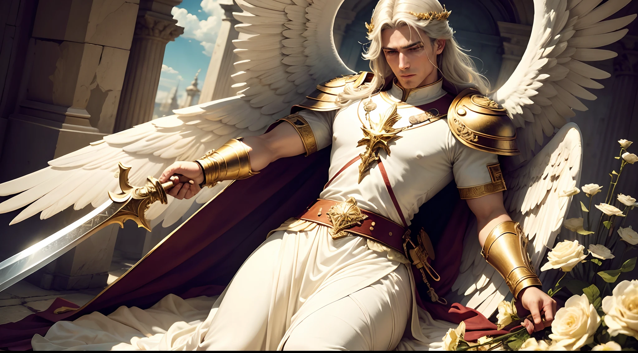 Closeup of an image a man angel with a large and long sword with attack position in the right hand, in the other left hand holding a scale, Angel dressed as a Roman soldier looking at the ground, arcanjo homem com asas grandes, o anjo da fortuna, perfeito, Realistic, Biblical setting, Biblical Paradise Setting, sol e nuvens ultras realistas, flores e velas, illuminated archangel of heaven, flores coloridas, velas acesas, roupas brancas e vermelhas