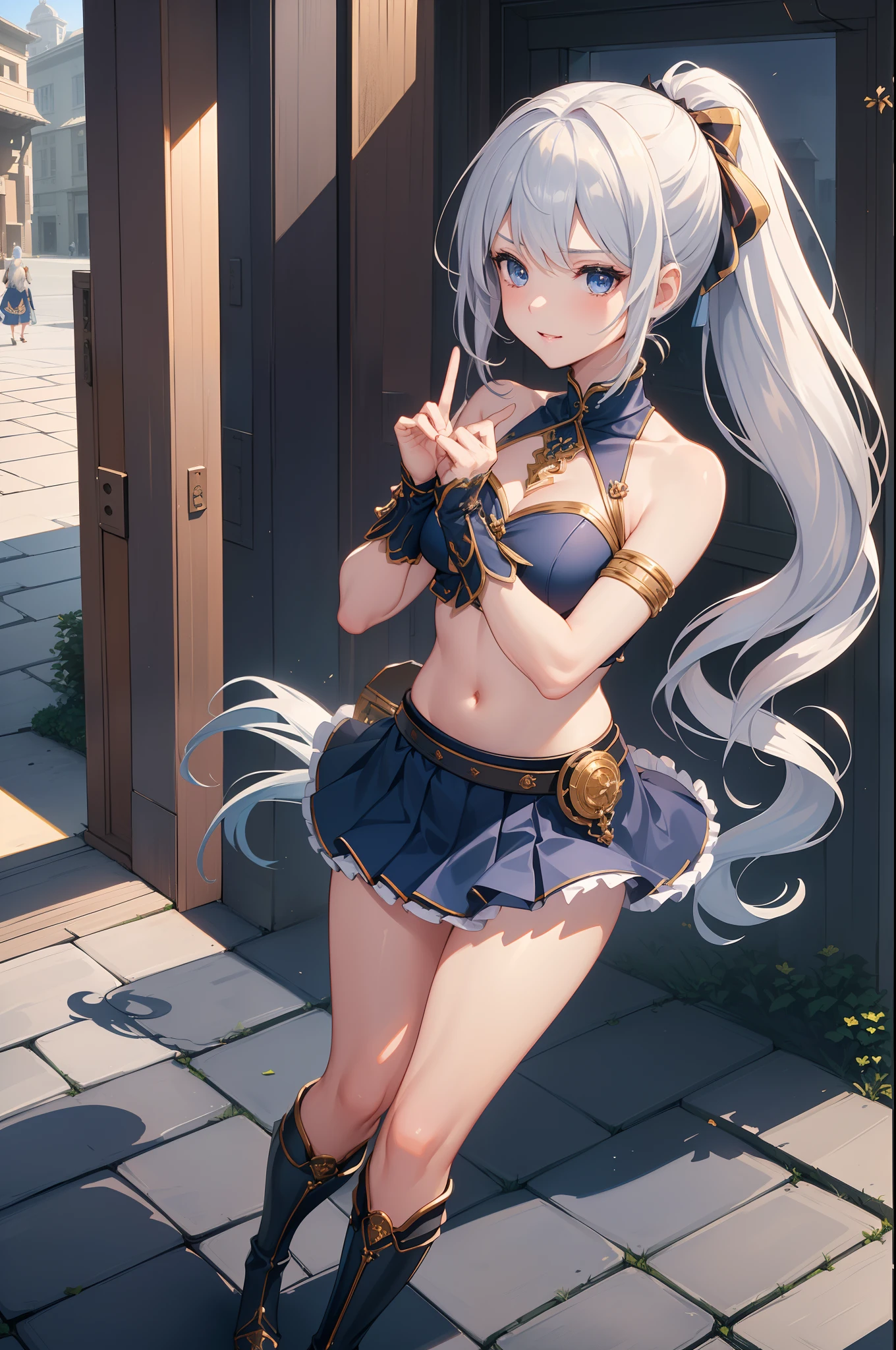 Very delicate and beautiful in 8K, Dynamic Angle, ​masterpiece, top-quality, depth of fields, (femele１a person, Original Characters, Dainty beauty, 22year old, small tits, Slender body, [Dye cheeks], (Beautiful glowing skin, Pretty and beautiful face, detailed facial features, Features of a beautiful body, Feminine body:1.1), Blue eyes, (Detailed beautiful hair, white color hair:1.2), hair between eye, (poneyTail:1.2), Pony Hook Ribbon, (Bare shoulders, Navel Ejection, Dark blue costume, battle costume, Bust Plate, pleatedskirt, waist side armor, knee boots:1.2), Fantasy worldview:1.0), (delighted expression, Happy face, Cute gesture, kawaii pose, Close one eye, Wink, ✌, Hand next to face:1.2), (Detailed background, Powerful backgrounds, A bustling shopping street, Commercial metropolis, Main street scenery of a big city:1.1),