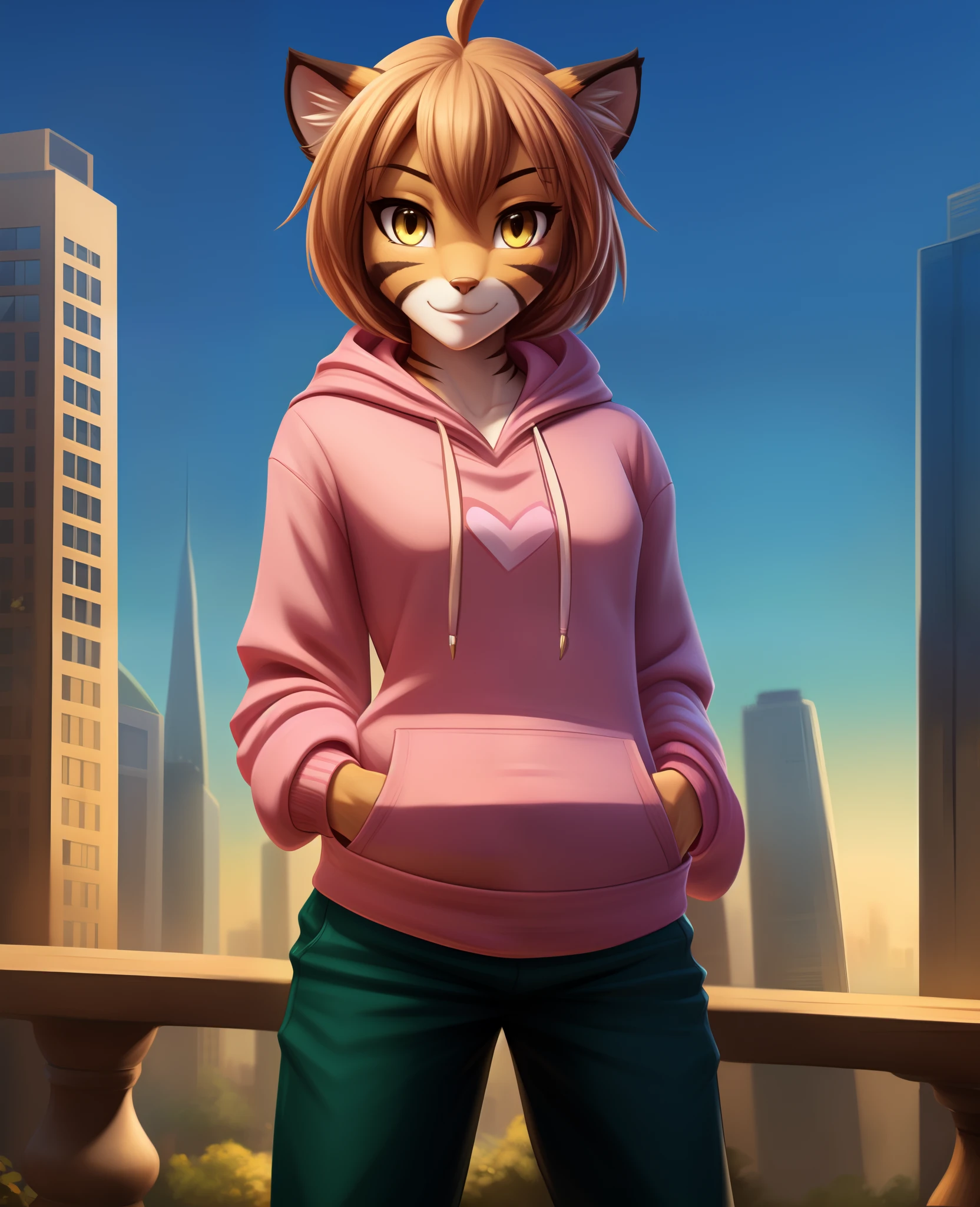 floratwokinds, flora, twokinds, by tom_fischbach,, (masterpiece:1.4),(best quality:1.4),solo,city background,(Pink Hoodie:1.5),(Pants:1.5),Furry, Chest,small breasts,Tiger girl,Striped fur,big detailed yellow eyes,brown orange hair,personal ami,highly detailed face,beautiful face,highres,extremely detailed 8K wallpaper,extremely detailed character,solo,posing,(cute:1.5),