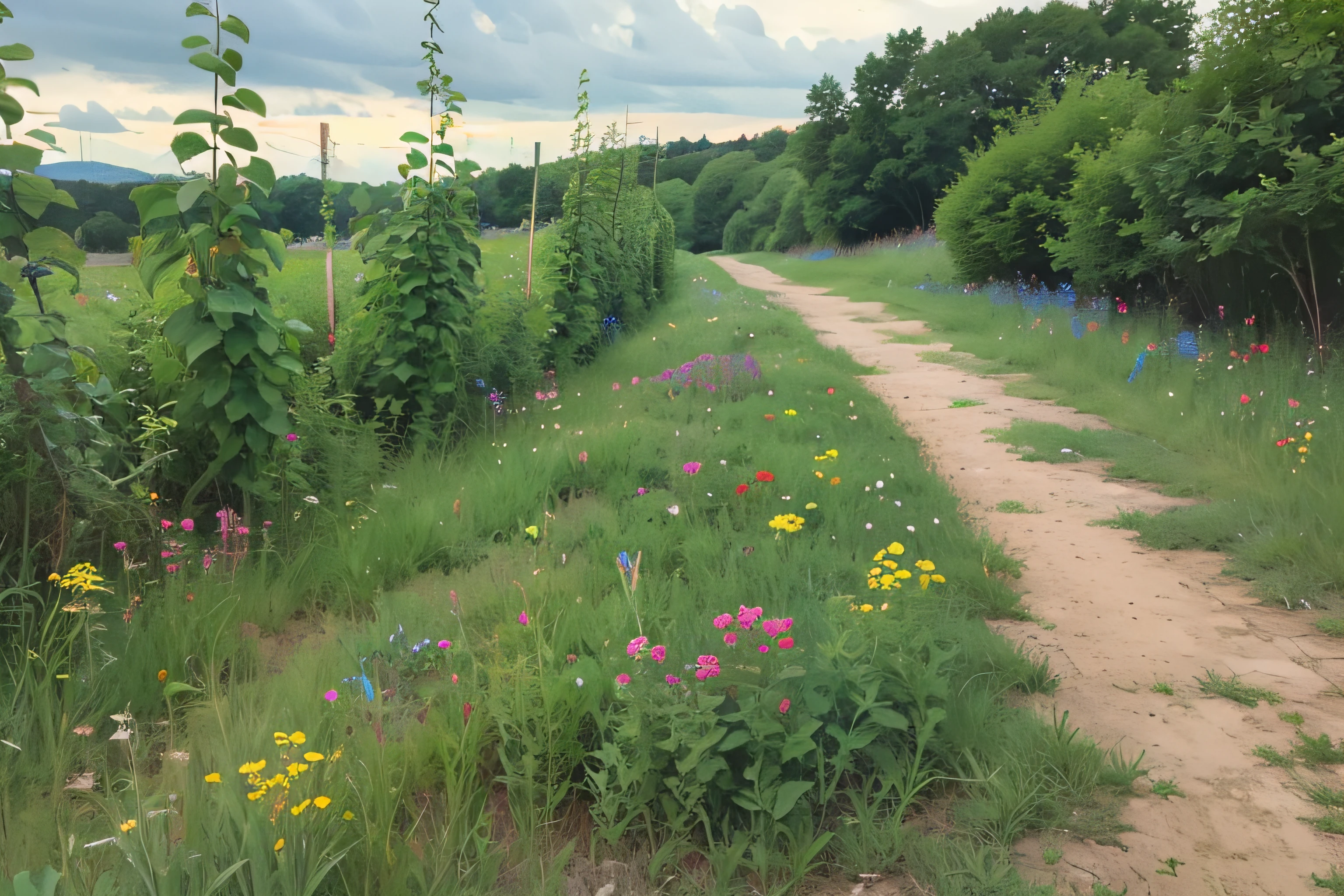 There are a lot of shrubs and wild plants on the side of the cement road。Weeds in the countryside、earthy、Dogtail,phragmites,vine,Transverse cement road,Dusk effect。