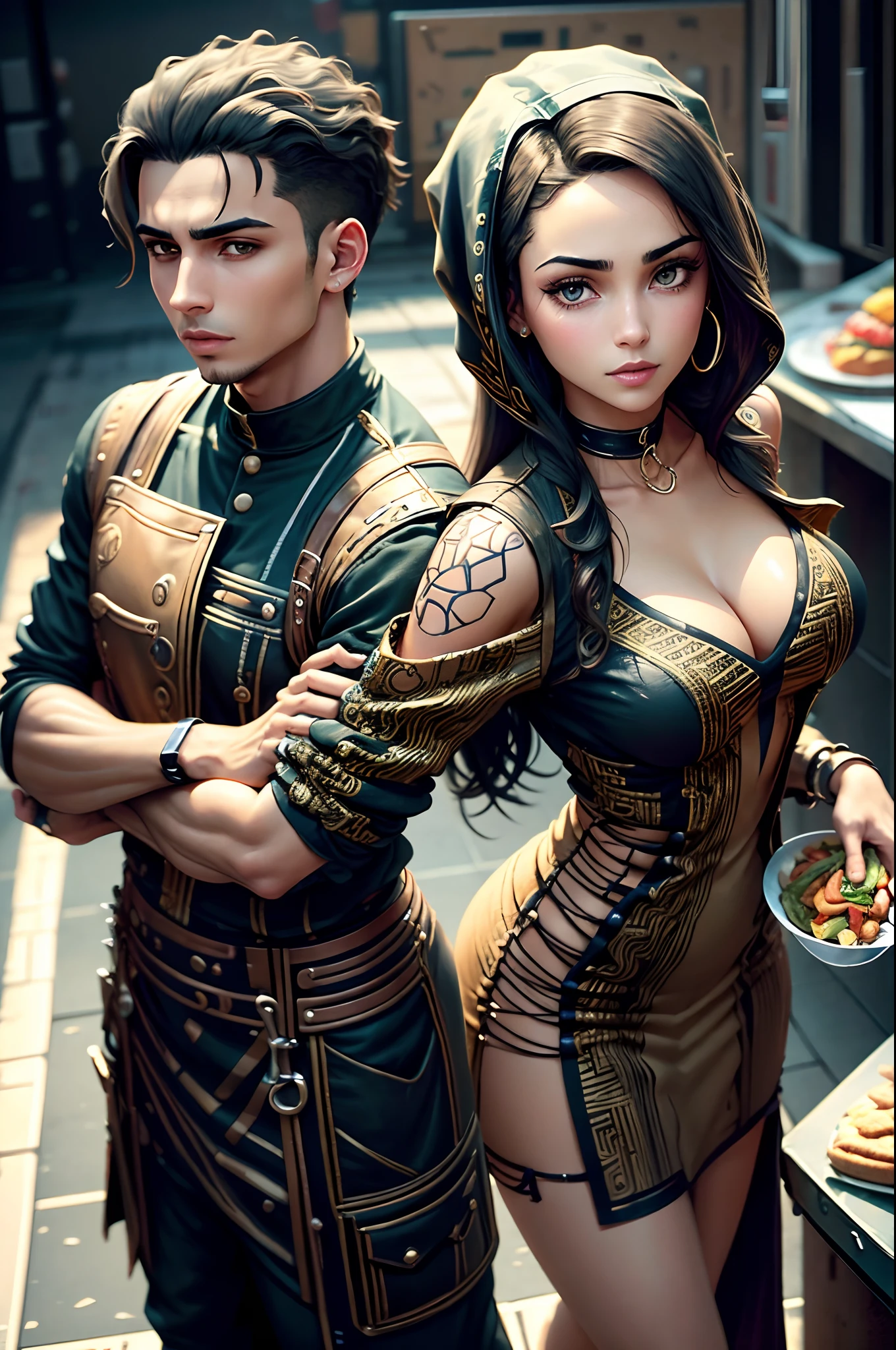 A young adult moroccan handsome boy with nice broad shoulders with streetware style dress who prepares burgers throws black look add style gta high quality fast food background background new generation sexy young woman is serving customers/A young adult moroccan handsome boy with nice broad shoulders with streetware style dress who prepares burgers throws black look add style gta high quality fast food background background new generation sexy young woman is serving customers