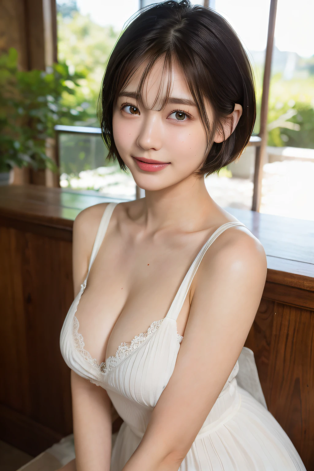 (8k, RAW photo, best quality, masterpiece:1.2), (realistic, photo-realistic:1.37), ultra-detailed, 1 girl,cute, solo,beautiful detailed sky,detailed cafe,night,sitting,dating,(nose blush),(smile:1.1),(closed mouth),large breasts, seductive smile, large aparture, professional lighting, Sony A7R4, Zessie 50mm F1.8,,fold your arms behind head:1.5,mole under eye:1.2,(masterpiece),(Photorealsitic:1.3),ultra-detailliert,(high detal)The skin:1.2),(top-quality:1.0),(A high resolution:1.0), medium breasts,beautiful detailed eyes,(white sexy dress:1.1), bowtie,pleated skirt,(short hair:1.2),floating hair