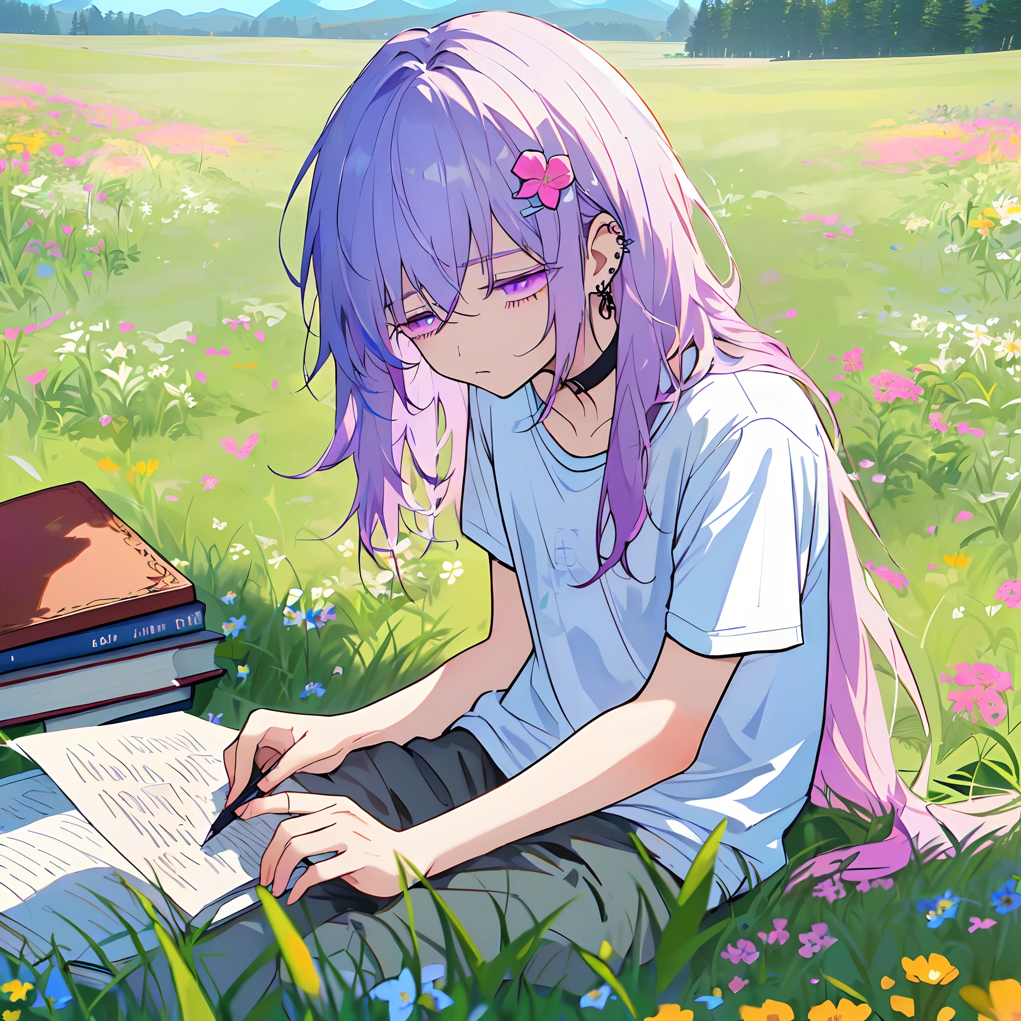 (masterpiece, best quality, highres:1.6), (1boy, solo, male focus:1.2), (a boy sitting on the grass, a 19-year-old boy studying in a meadow:1.6), (gradient hair color, fading hair color, pastel blue to pastel purple hair color: 1.999), (long hair:1.75), (eyelashes, pastel pink eyes:1.25), (collarbone:0.5), (plain white shirt, no symbol t-shirt, t-shirt, short sleeves:1.5), (pants:1.35), (choker, piercings, earrings, straps, the face has bandiads, flower hair ornament, hairclips:1.15), (outdoors, outside, grass, flowers, meadow, valley, nature, plants:1.4), {{{masculine face}}}, {{{{{flatchested}}}}}, closed mouth, (hazy eyes, droopy eyes, tired eyes, sleepy eyes, tired face, sleepy face, half-closed eyes, half-lidded eyes:1.3), (books, paper, pen:1.4), average height.