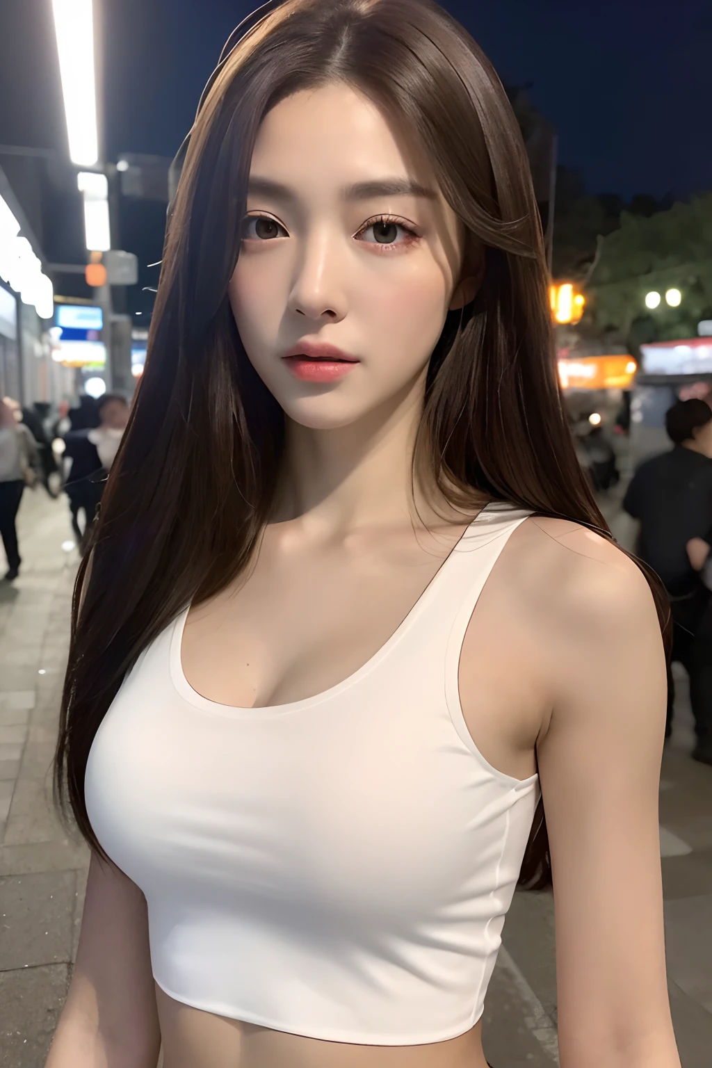 ((Realistic lighting, Best quality, 8K, Masterpiece: 1.3)), Clear focus: 1.2, 1girl, Perfect Figure: 1.4, Slim Abs: 1.1, ((Dark brown hair)), (White crop top: 1.4), (Outdoor, Night: 1.1), City streets, Super fine face, Fine eyes, Double eyelids,