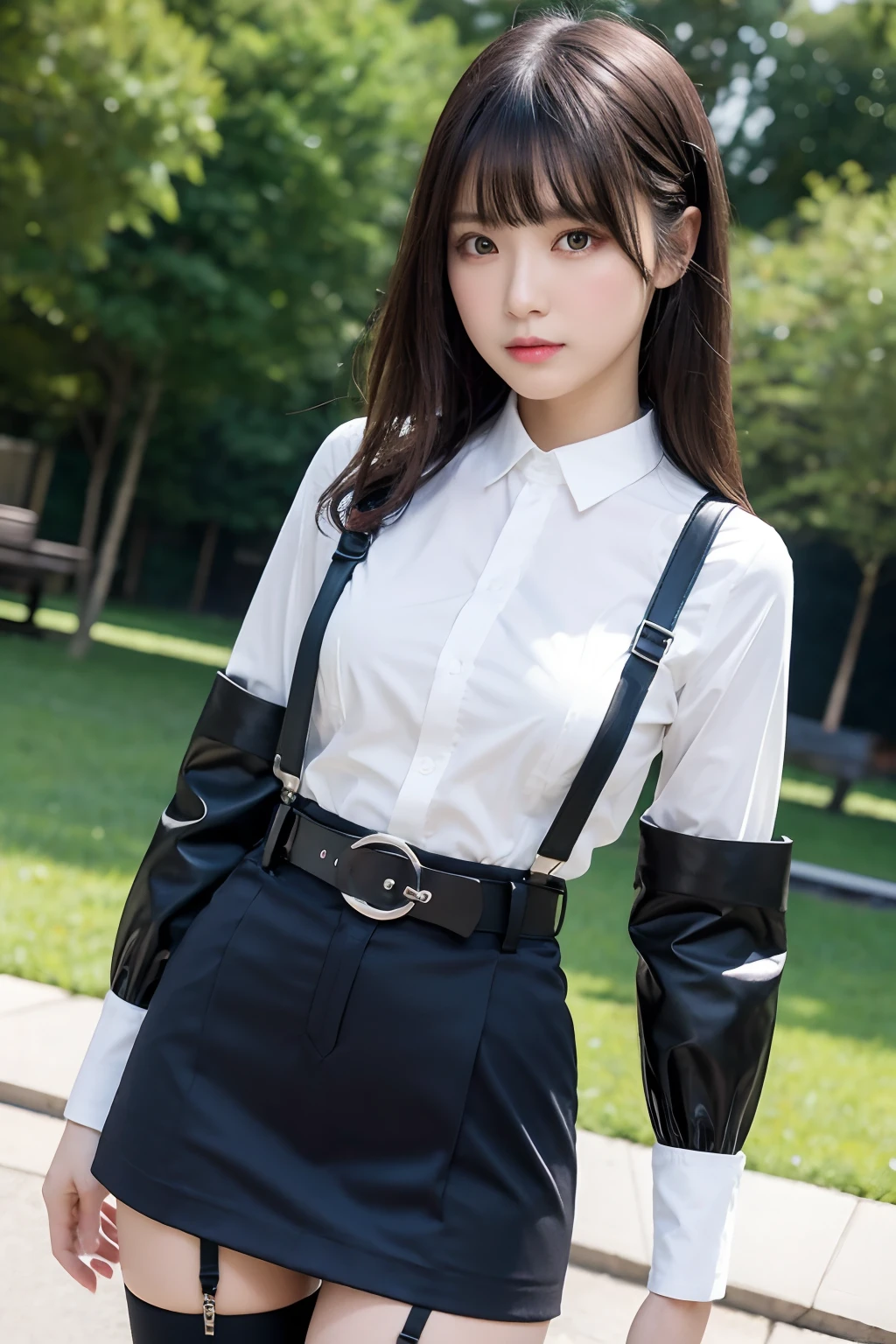 masterpiece、top-quality、The ultra -The high-definition、、colourfull、flat-colors、depth of fields、lens flare 1 girl、、A dark-haired、watching at viewers suits Cutter shirt a belt suspenders working adults materia OL Black Suit Black jacket glares large full breasts a miniskirt garterbelts knee high stockings Black Niso