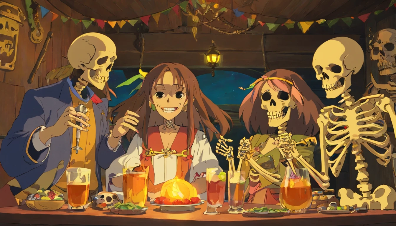 reggae, illustratio,Matte Effect[Matte Fukuto][Matt Fukuto], artistic,Singing, microphone, alcohol,skull, captain, Reggae skeletons are singing,livestream, banquet,wall paintings, goblet, a pirate, Skeleton Mask