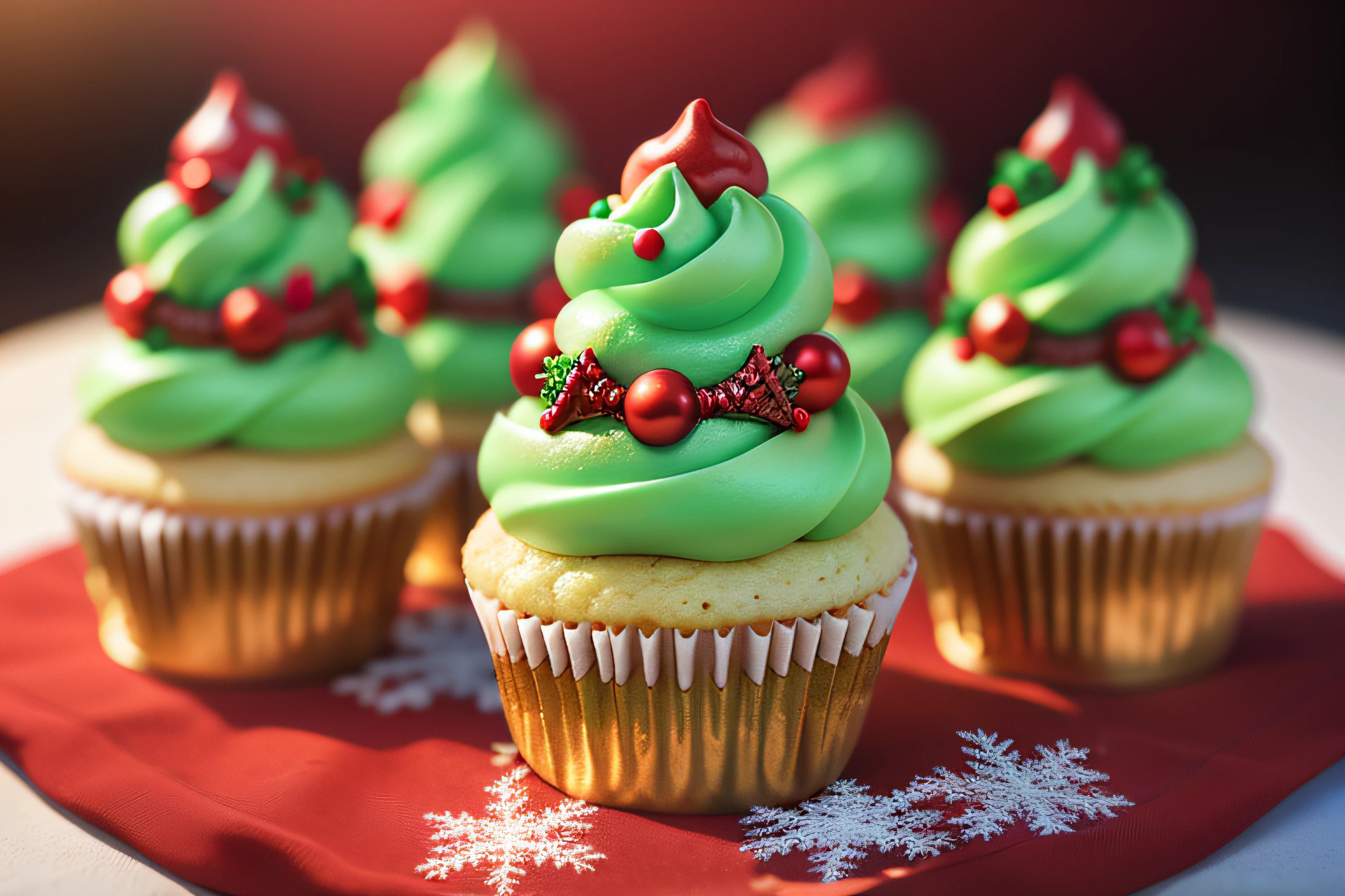 (raw photo), a row of Christmas themed cupcakes on a table, red and green, foodphoto, blurred background, full view, 8k, photorealistic image, excellent quality.